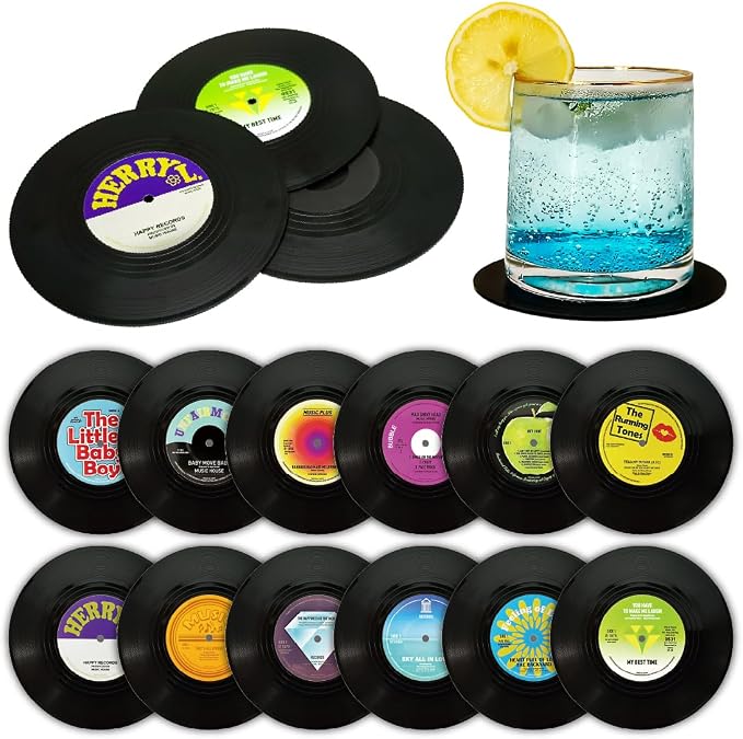 Funny Retro Vinyl Record Coasters, Creative Drink Coasters Set of 12 for Music Lovers, Housewarming Hostess Gifts, Birthday and White Elephant Gifts Ideas (V03) - M3