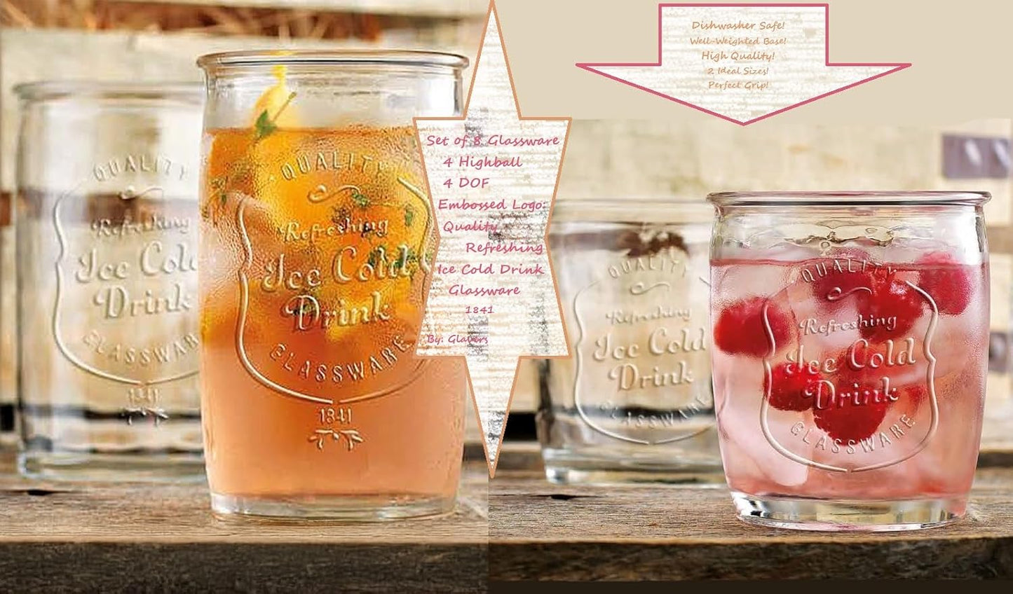 Glaver's Ice Cold Set of 8 Drinking Glasses 4-20 Oz Highball Glasses, and 4-13 Oz Whiskey Glass Cups For Everyday Home Use Water glasses, Beer, Juice, Cocktail.