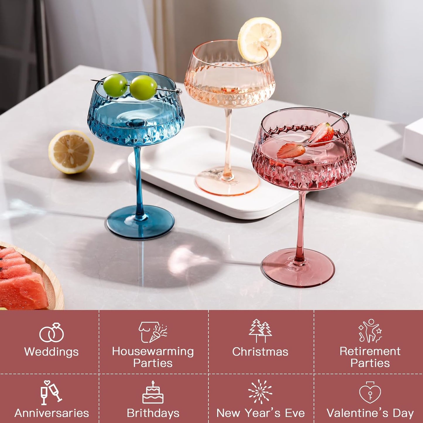 JOVGANK Colored Martini Glasses Set of 6, Hand Blown Colorful Cocktail Glass 14Oz, Large Vintage Champagne Coupe Glasses,Crystal Retro Style Bar and New Year Drinking Glasses, Mother's Day Gift