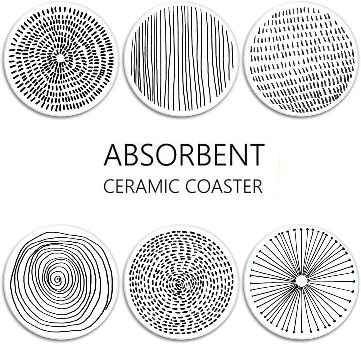 Coaster for Drinks Set of 6, Black White Geometry Absorbent Round Ceramic Stone Mat, with Cork Base and Metal Holder, Gift for Housewarming Room Bar Decor