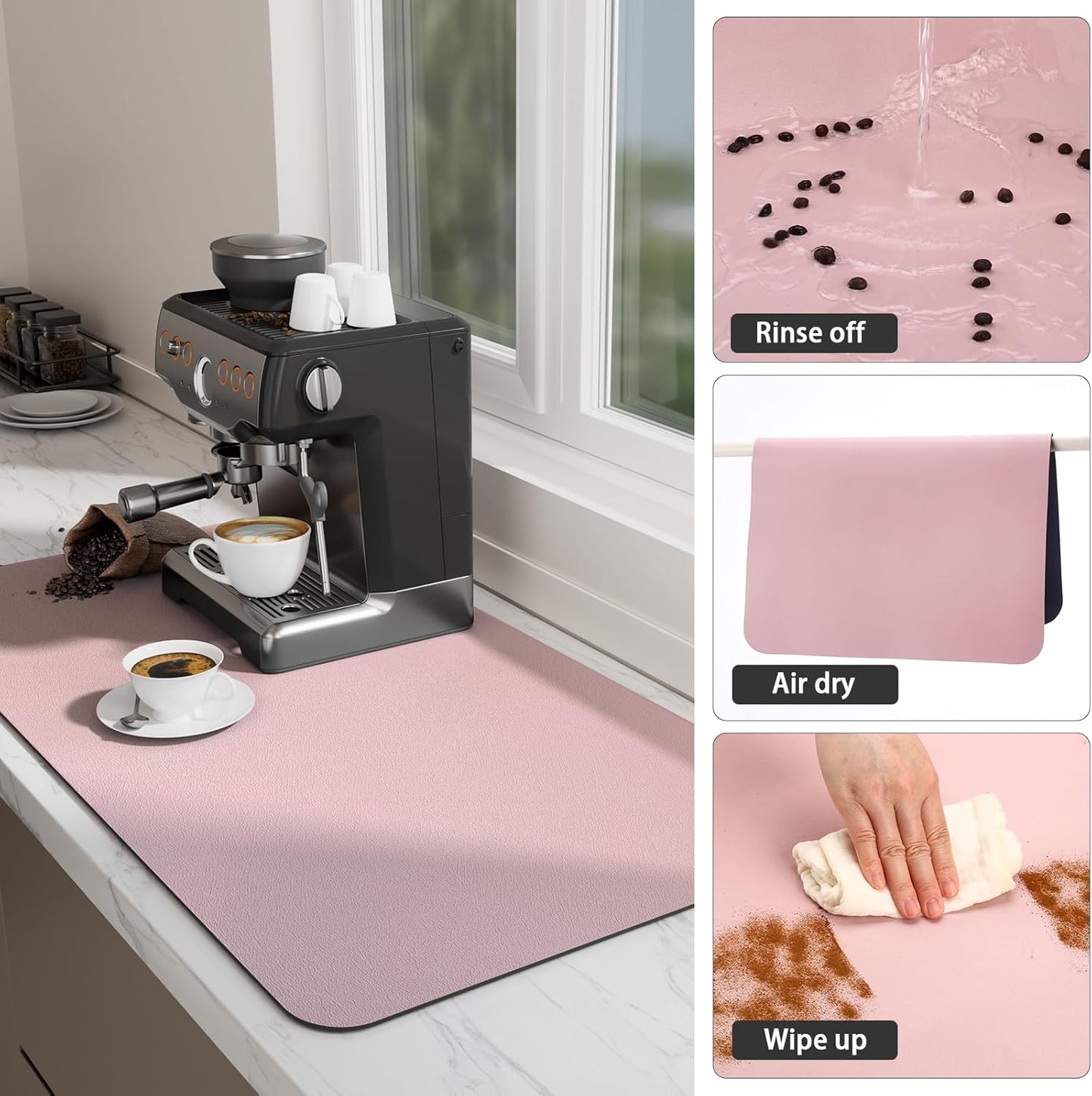 Ecotrim Absorbent Coffee Mat , Stain Hiding PU Leather Surface, Non-Slip Natural Rubber Backing, Quick Dry Mat for Espresso Machine, Kitchen Counter ,Pink | 12" x 19"