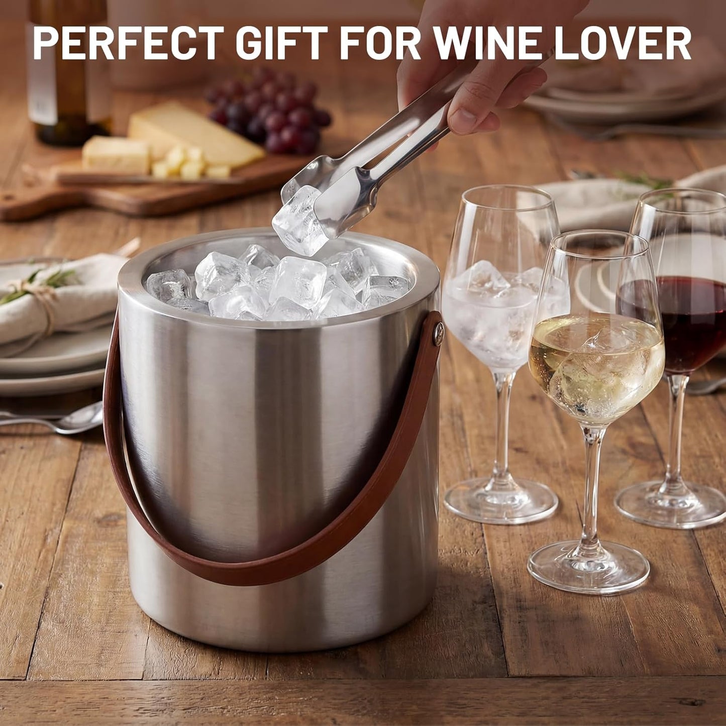 Loungewave Ice Bucket with Lid, 3L Double Wall Insulated Ice Bucket with Scoop, Tong, Strainer and Leather Handle, Ice Container to Keep Ice Frozen Longer, Ideal for Cocktail Bar, Parties