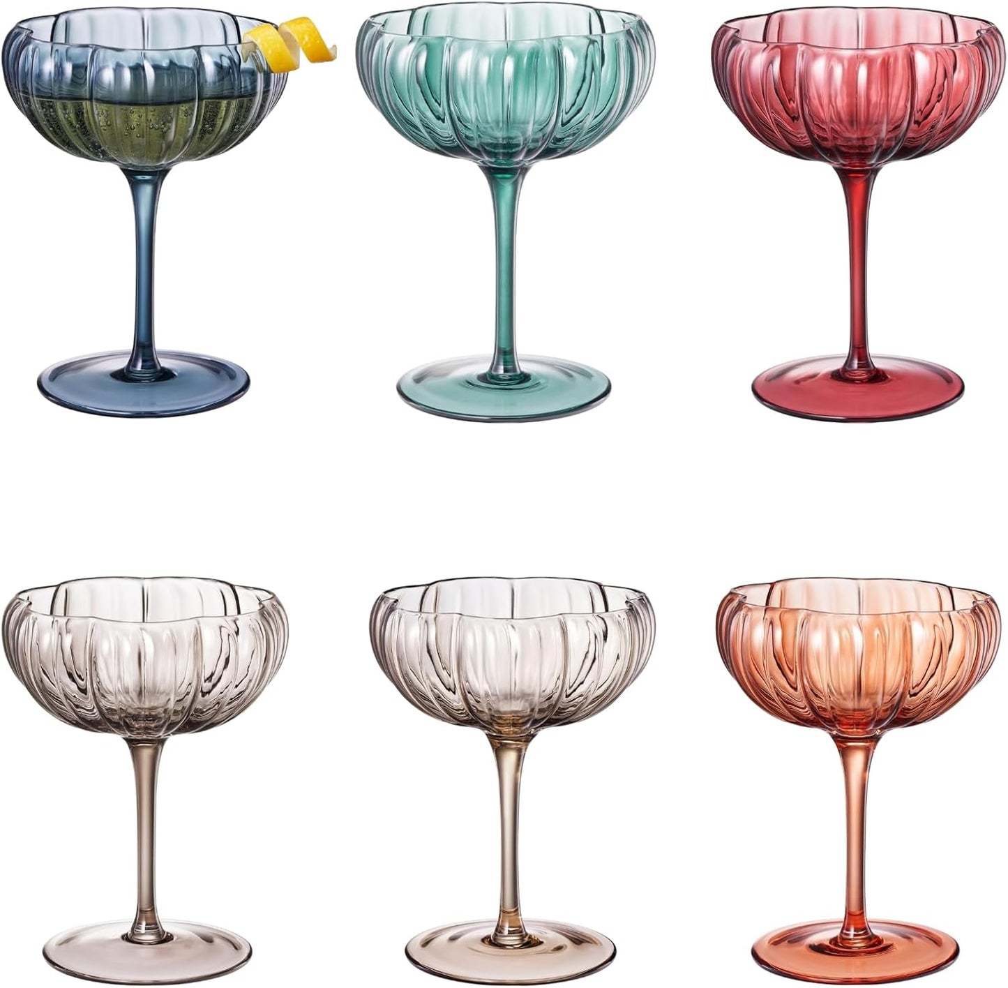 Khen Flower Modern Wavy Glass Coupes Martini, Champagne & Cocktail Coupes - Set of 6-7.7 oz Colorful Cocktail Glasses & Champagne, Prosecco, Mimosa Glassware Copyright Design - Muted Pastel Colors
