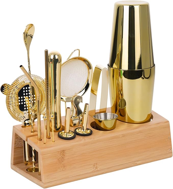 Cocktail Shaker Set Bartender Kit with Bamboo Stand, 15-Piece Stainless Steel Bar Set Accessories, Professional Bartending Kit Home Bar Tools Set with Recipes (Matte Black, Natural Wood Stand) - Gold / Wood Stand