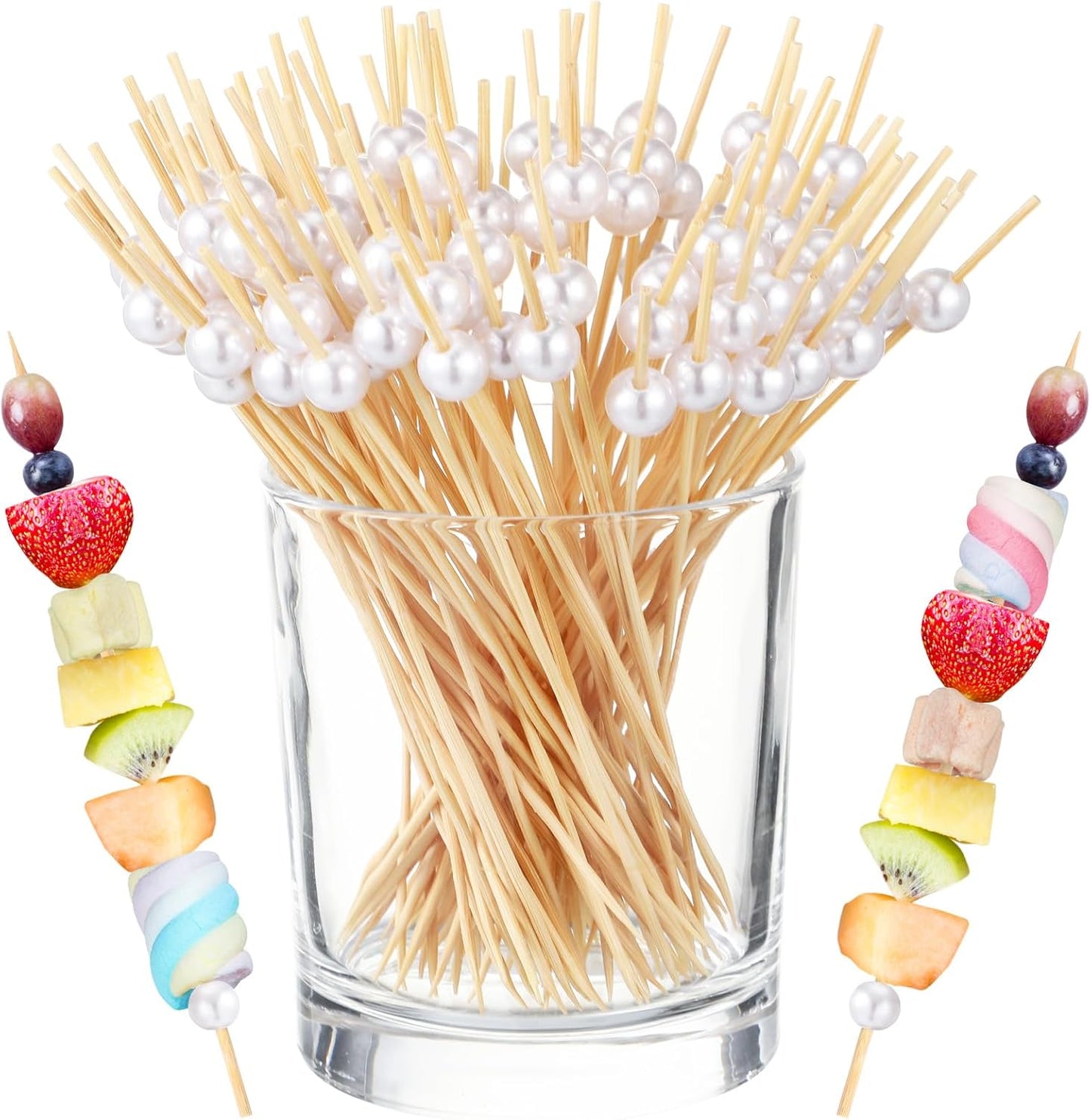 100 Pcs 6 Inch Long Cocktail Picks Fancy Toothpicks for Appetizer Bamboo Cocktail Sticks for Fruit Drink Dessert Barbecue Charcuterie Pearl Skewers for Wedding Birthday Baby Shower Party (White)