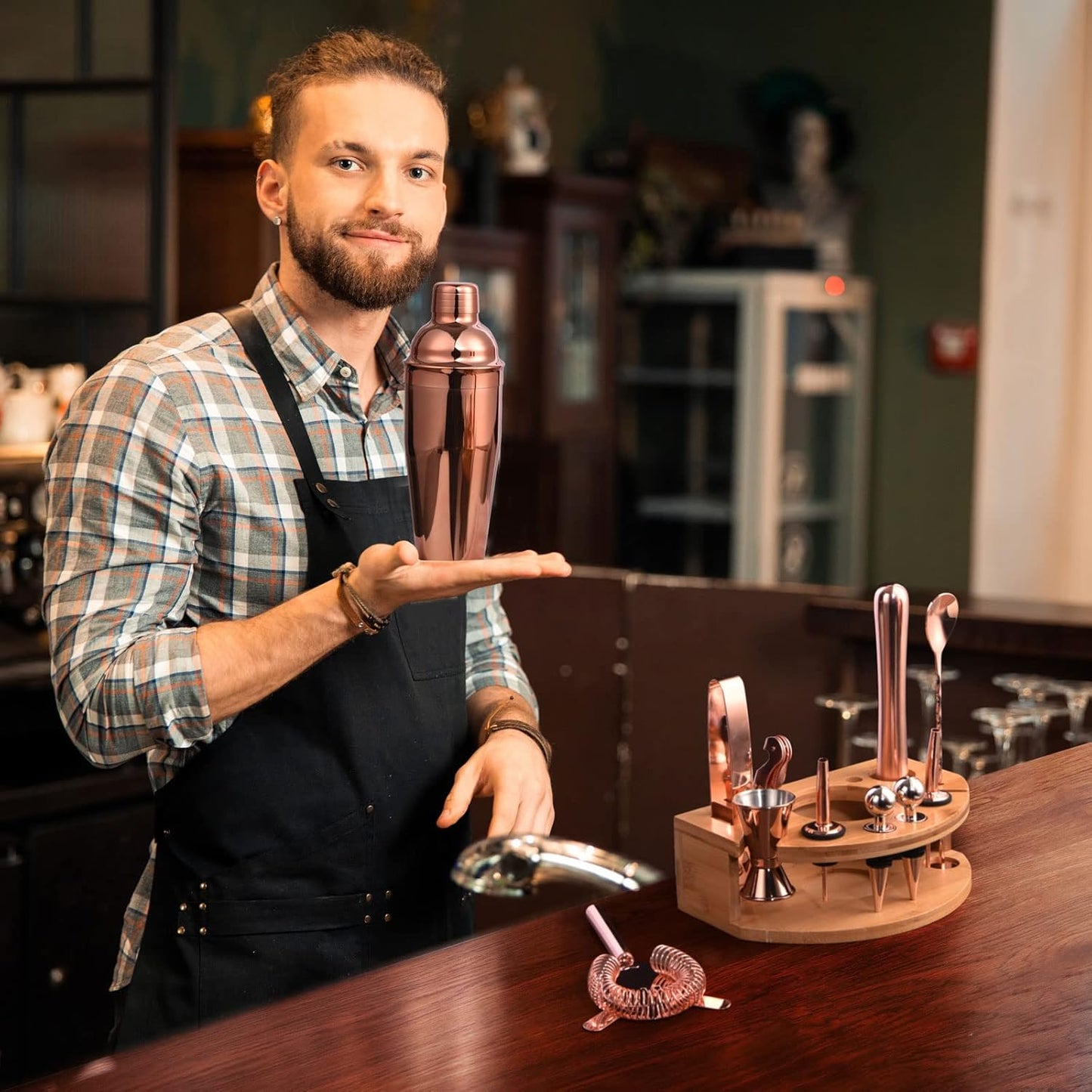 Bartender Kit with Stylish Bamboo Stand, 12 Piece 25oz Cocktail Shaker Set for Mixed Drink, Professional Stainless Steel Bar Tool Set, Gift for Man Dad- Cocktail Recipes Booklet (Rose Gold)
