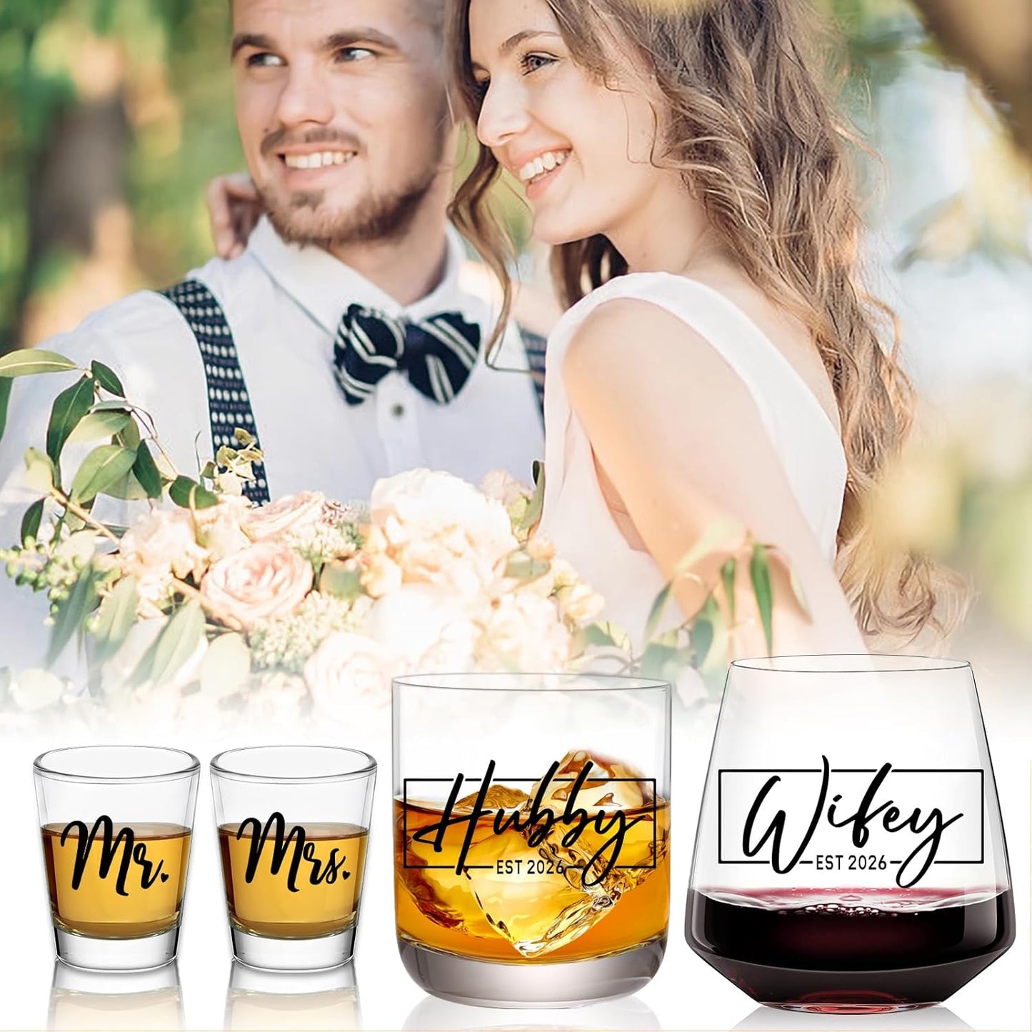 comfit Wedding Gifts 2026, Bridal Shower Gifts, Hubby & Wifey Wine&Whiskey Glass Set, His and Hers Glass, Mr and Mrs Shot Glass, Hubby and Wifey Gift, Anniversary Newlyweds Gifts for Couple