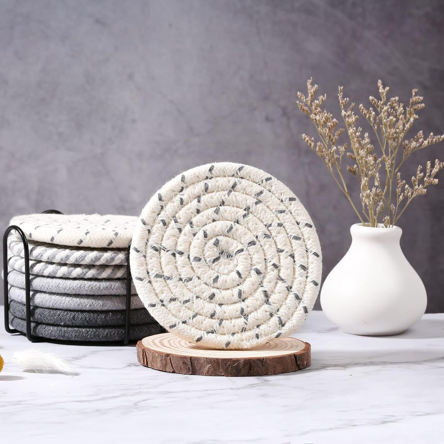 Mckanti 8 Pcs Drink Coasters with Holder, 4 Colors Absorbent Coasters, Minimalist Cotton Woven Coaster Set for Living Room Decor, Tabletop Protection Suitable for Kinds of Cups, 4.3 Inches