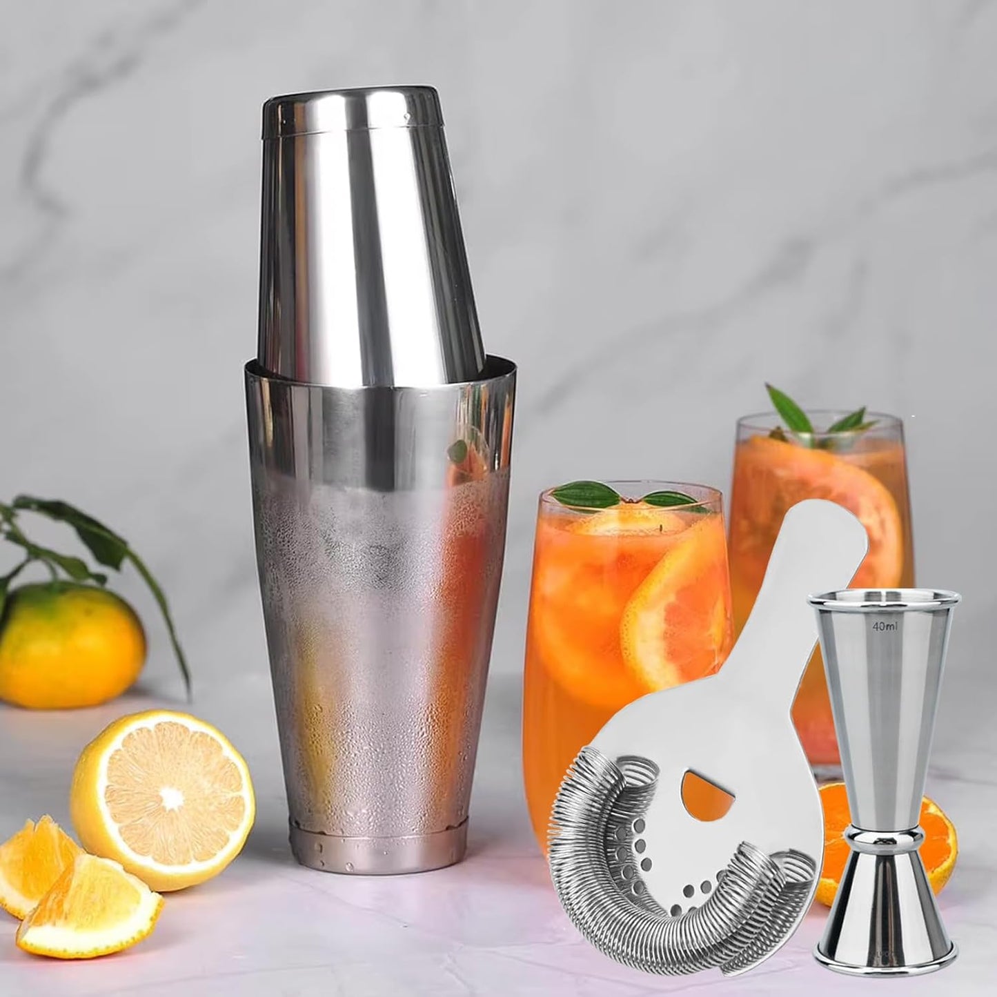 Boston Cocktail Shaker Set, 17 oz and 24 oz Stainless Steel Weighted Shaker Tins, Professional Bar Tools for Bartender, with Strainer and Measuring Cup (Silver)