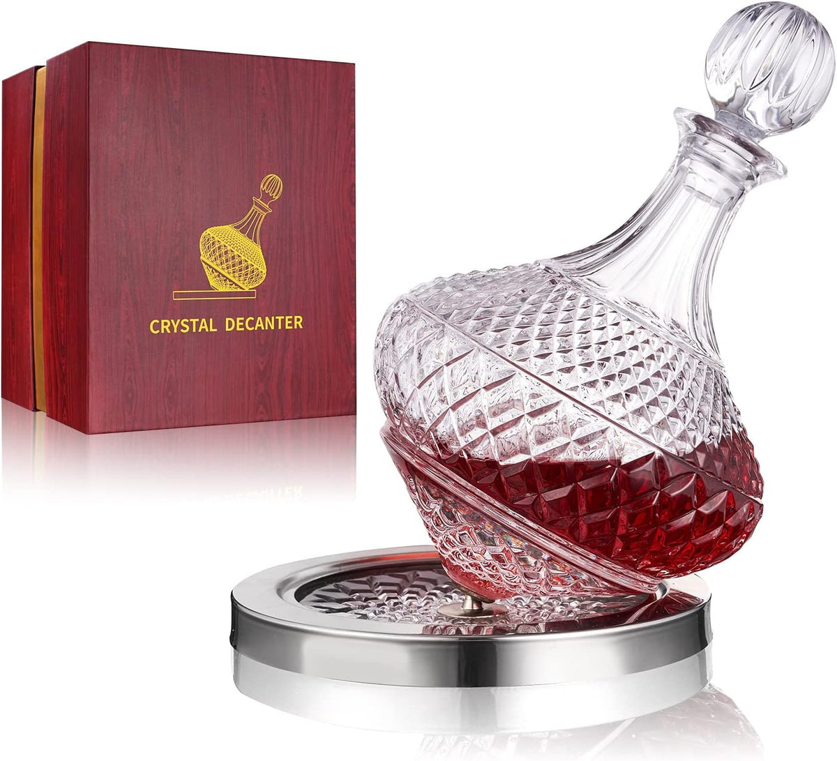 spinning wine decanter, 45 oz crystal rotating wine decanter with gift box, for wedding gift, birthday, banquet, supper - 50.7 Ounces