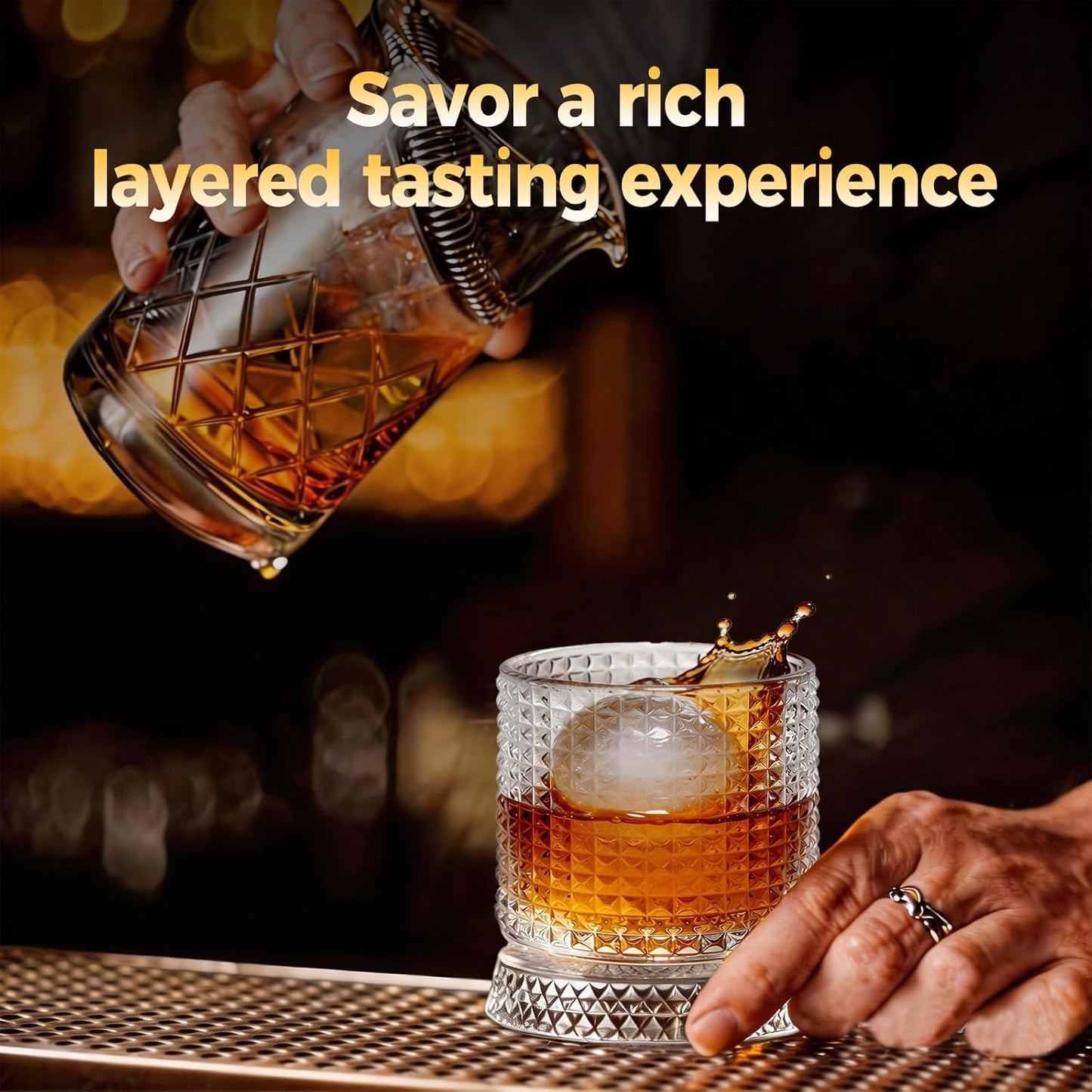 Spinning Whiskey Glass with Ambient Lighting Set, 360 Degree Rotating Crystal Tumbler with Vintage Ribbed Patterns & 4 Color Lighting, Cool Drinking & Bar Accessories (grid pattern)