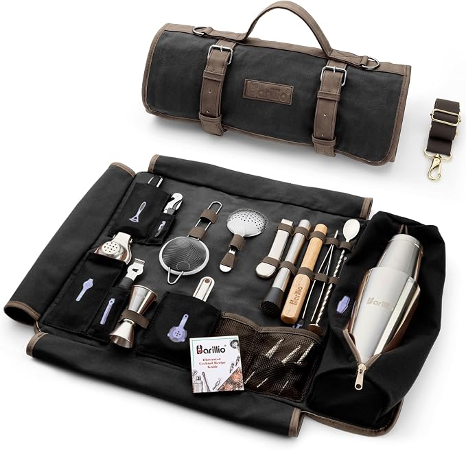 Barillio Bartender Kit Bag with Cocktail Shaker Set - Waxed Canvas, Traveling Bar Tools Bag with 17-Pc Cocktail Kit - Travel Mixology Bartending Kits - Mobile Bar Roll with Strap & Accessories - B0F9LH9HHQ