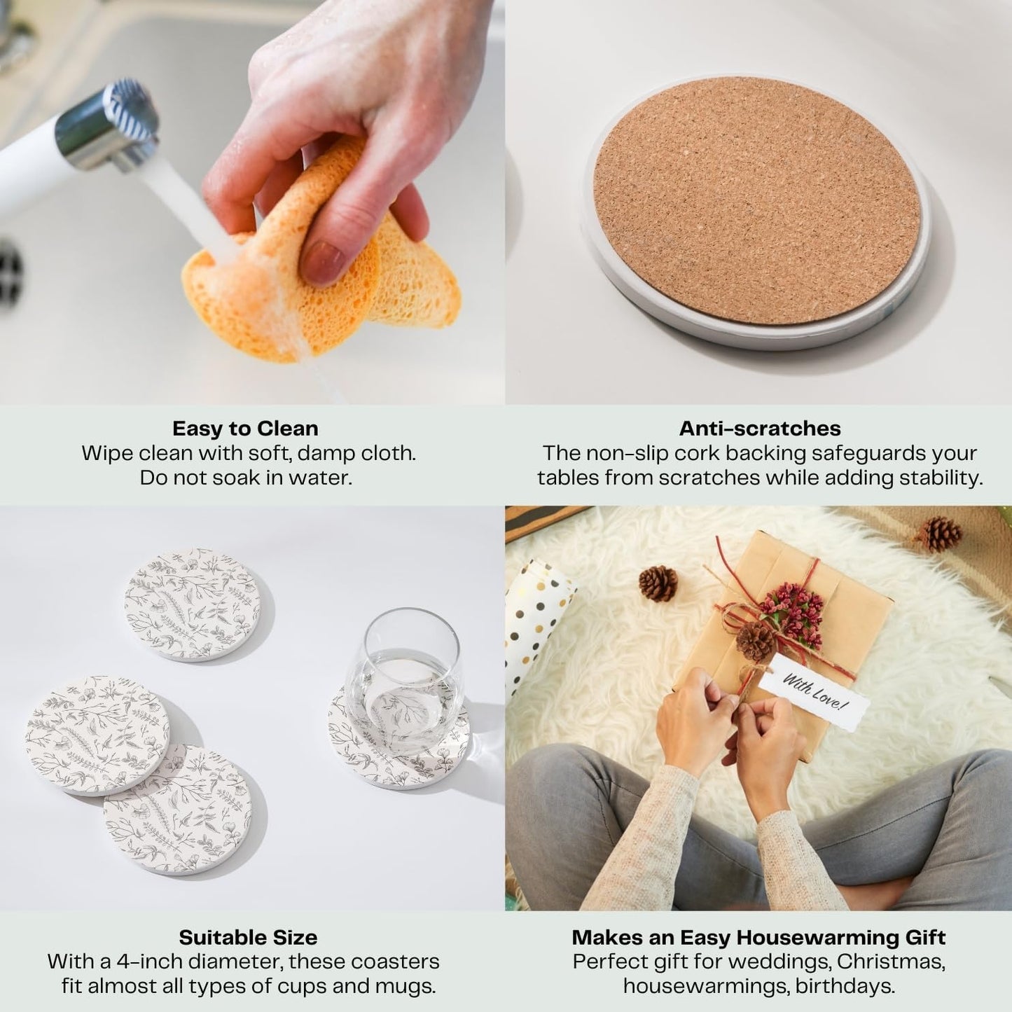 Set of 6 Floral Ivory and Gray Coasters with Holder, Absorbent Ceramic Drink Coasters with Cork Backing for Table Protection, Coffee Table Décor