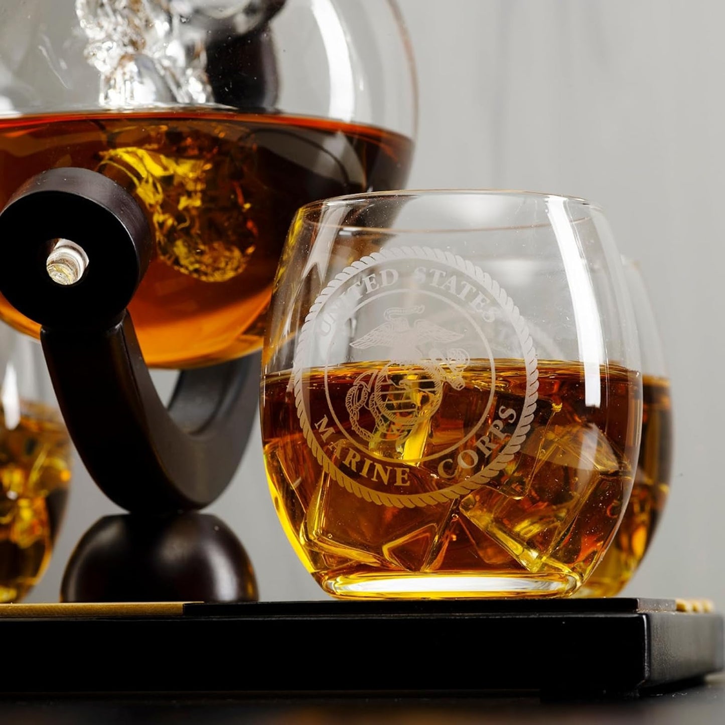 U.S. Marine Globe Whiskey Decanter Set with 4 Liquor Glasses - Wood Flag Base Marine Veteran Gift Set - Navy Gifts Men, Dad, U.S.A Flag - Bourbon & Scotch Military Gift for Father