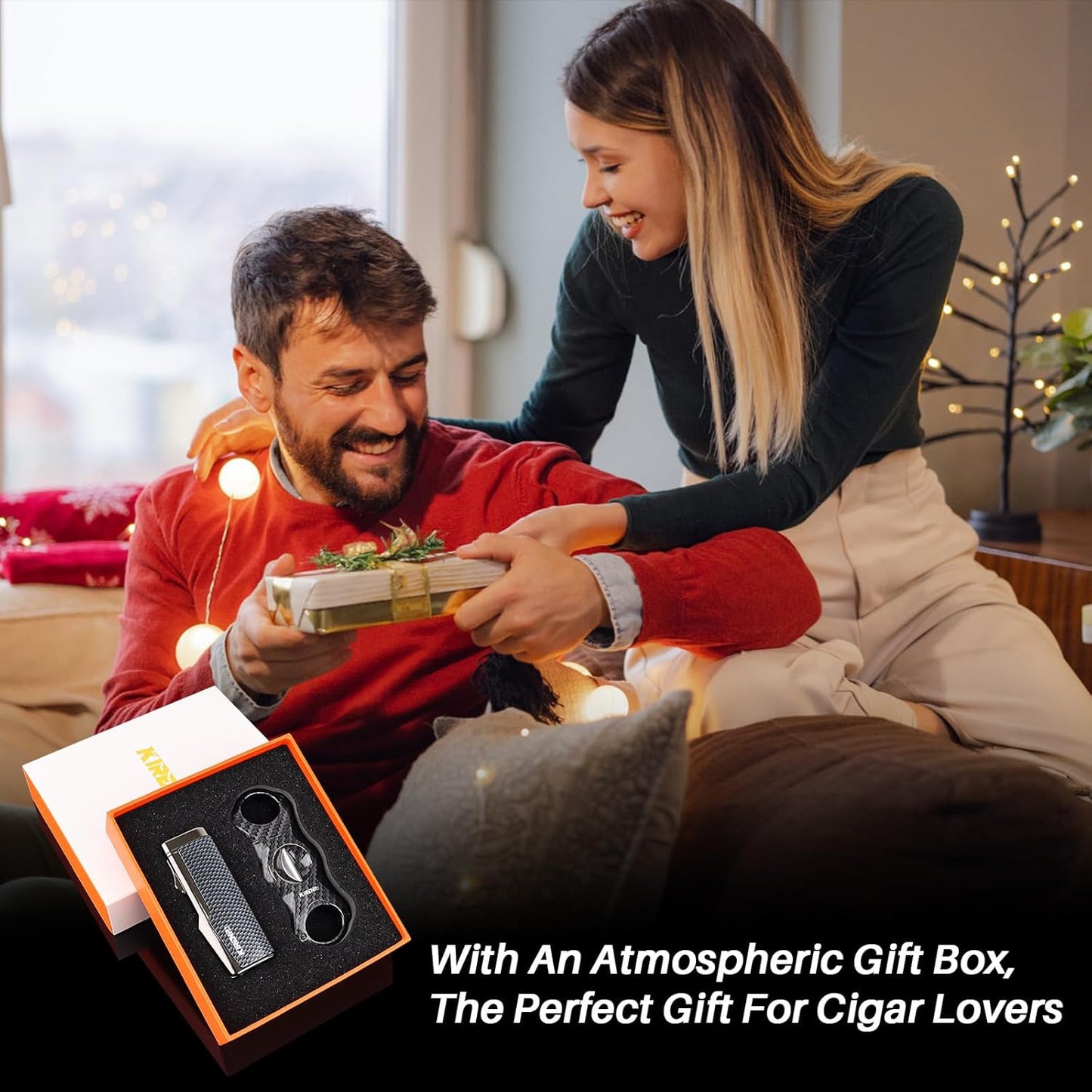 All-in-one Cigar Lighter with V Cigar Cutter, Built-in Cigar Punch, Cigar Holder, Quad Windproof Jet Flame, 4 in 1 Refillable Torch Lighter Set with Gift Box, Cool lighters for Smoking, Birthday
