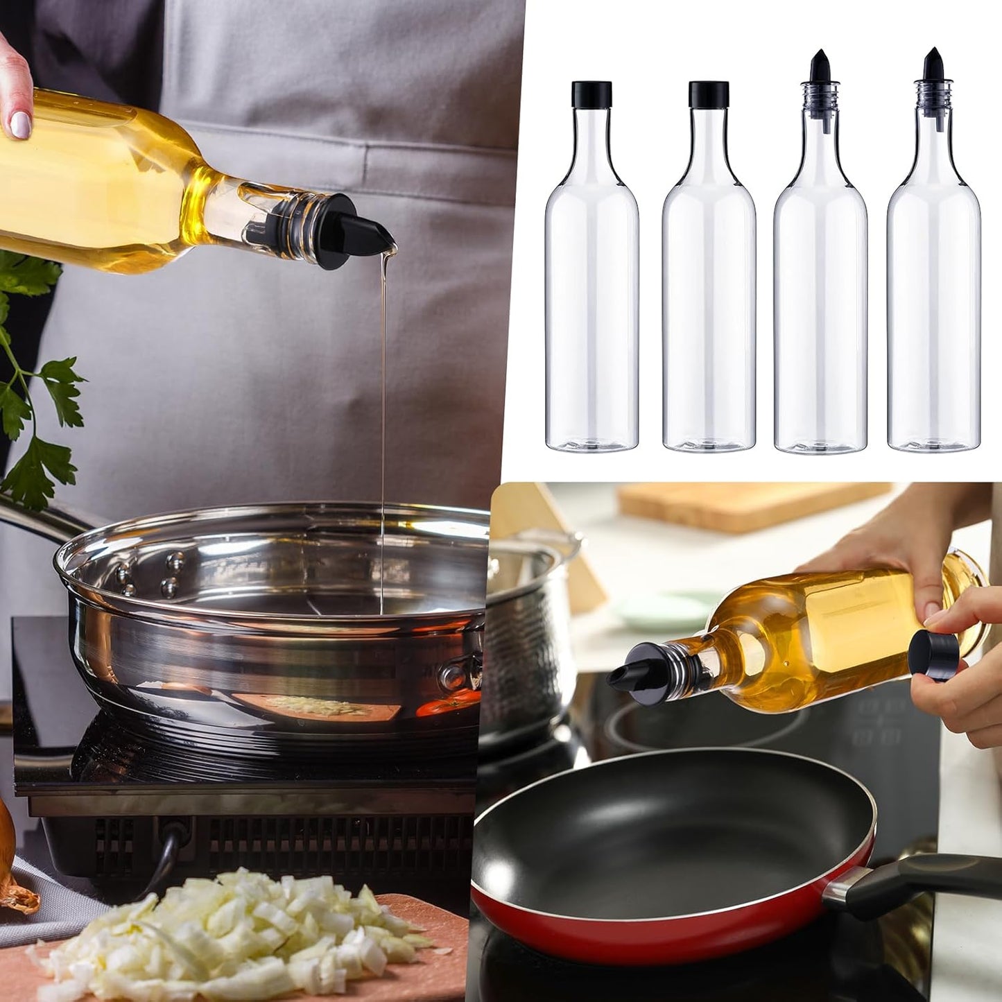 Yinder 24 Pcs Long Neck Plastic Bottles with Pourer 25 oz Empty Clear Wine Liquor Bottles Pour with 24 Pourers for Home Party Bar Kitchen (Black Pourers)