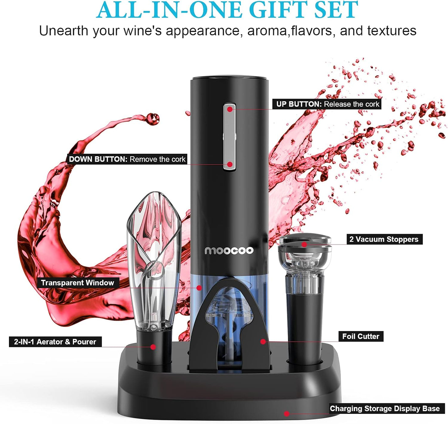 Moocoo Electric Wine Opener with Charging Base, Cordless Electric Wine Bottle Opener with 2-in-1 Aerator &Pourer, Foil Cutter, 2 Vacuum Preservation Stoppers, Display Charging Station for Easy Storage
