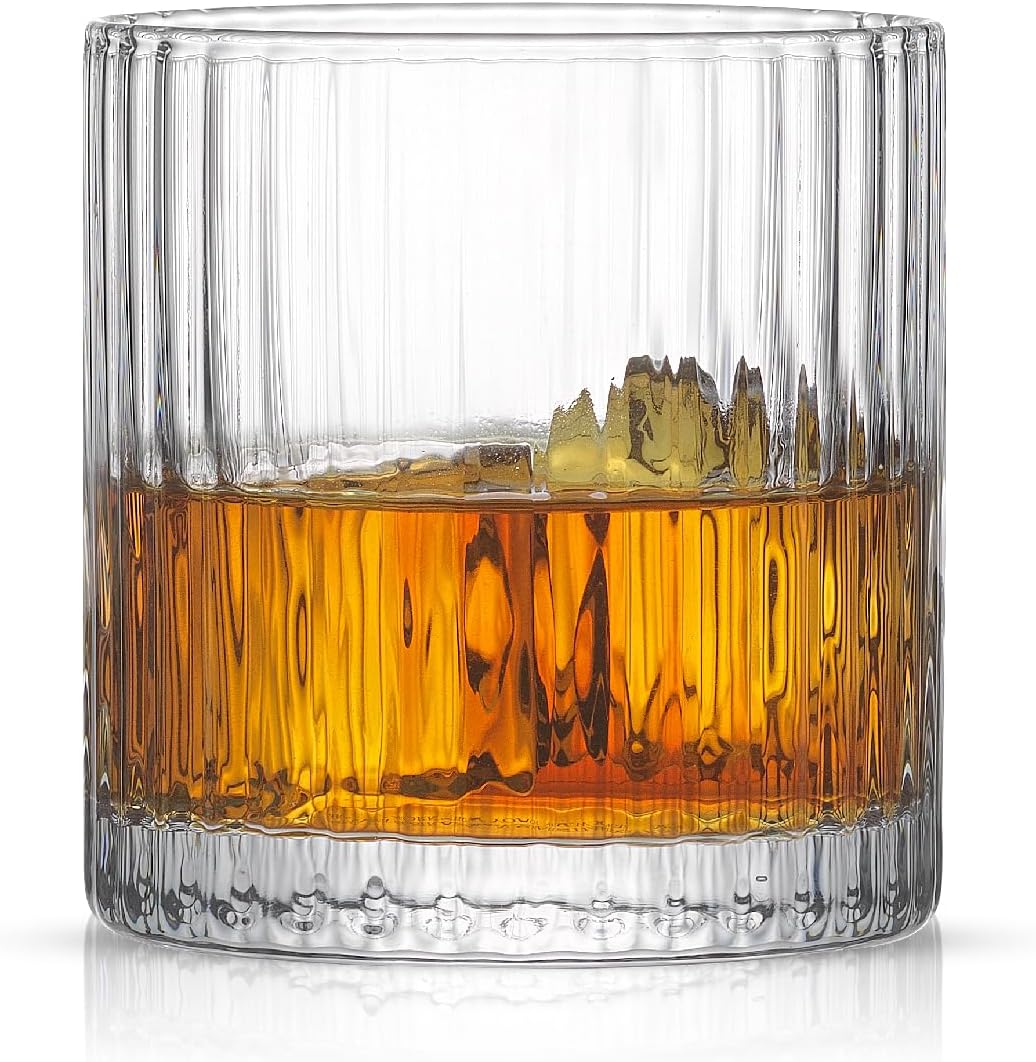 JoyJolt Elle 10oz Double Old Fashioned Whiskey Glasses - Set of 2, Lead-Free Glassware, Dishwasher Safe, Vintage Style Drinking Glasses