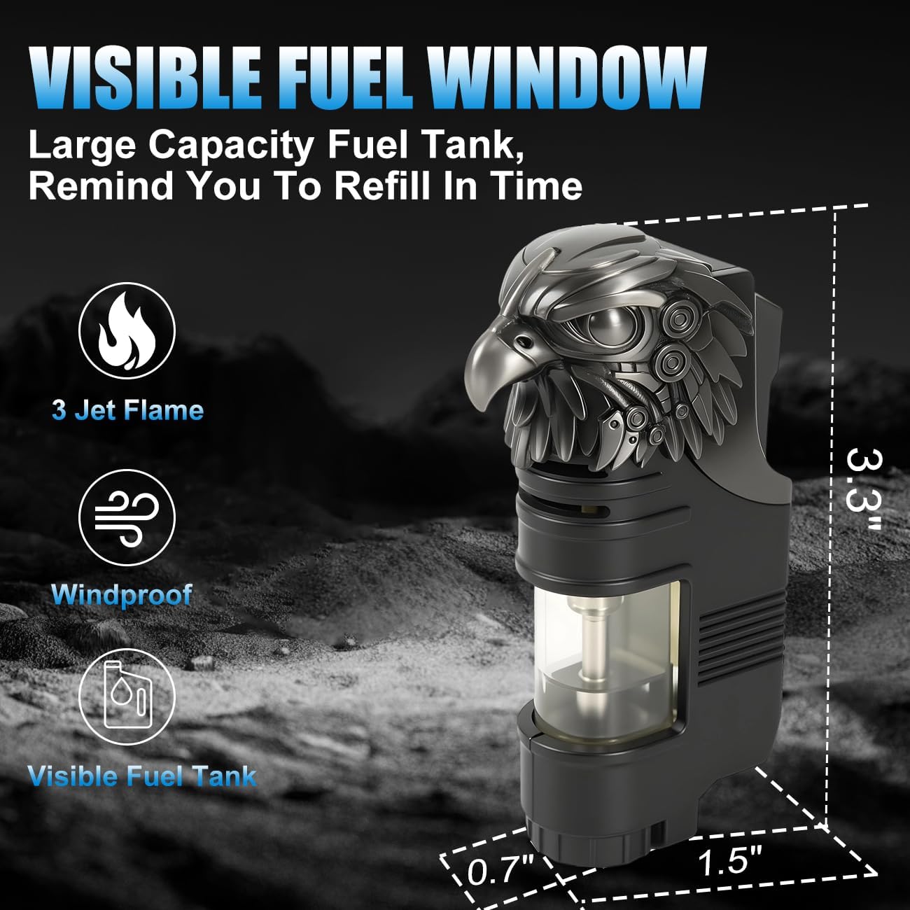 Torch Lighter, Triple Jet Flame Butane Refill Small Torch Lighters, Adjustable Flame Mini Pocket Torch Windproof Lighters with Metal Eagle-Head Decoration, Black (Without Fuel)