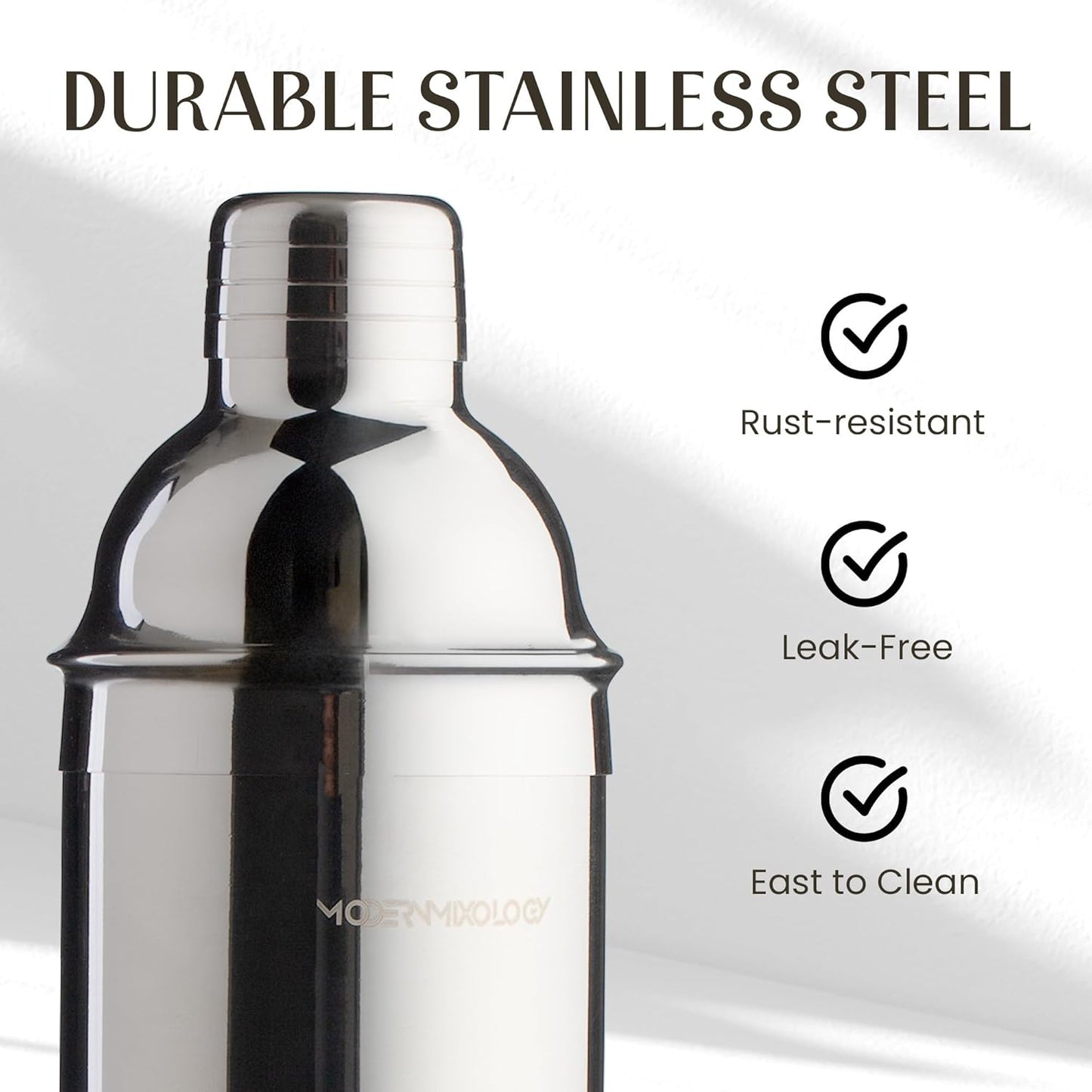 Modern Mixology 21-Piece Cocktail Shaker Set with Stand, Bartender Kit for Home Bar Accessories: 24oz Martini Shaker, Jigger, Strainer, Bar Spoon, Tongs, Opener, Muddler (Silver, Dark Brown Stand)