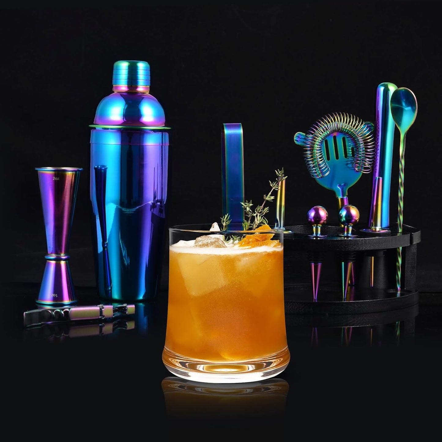 Safring Bartender Kit with Stand, 12-Piece Bar Set | 24oz Cocktail Shaker Set for Drink Mixing, Martini Shaker Set with Bar Tools, Recipes Booklet | Fun Housewarming Gift (Rainbow)