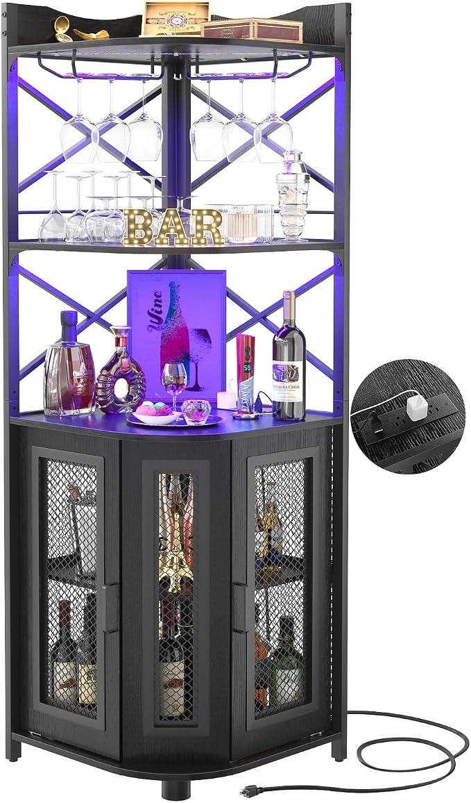 Aheaplus Corner Bar Cabinet with Power Outlet, Industrial Liquor Cabinet - Black