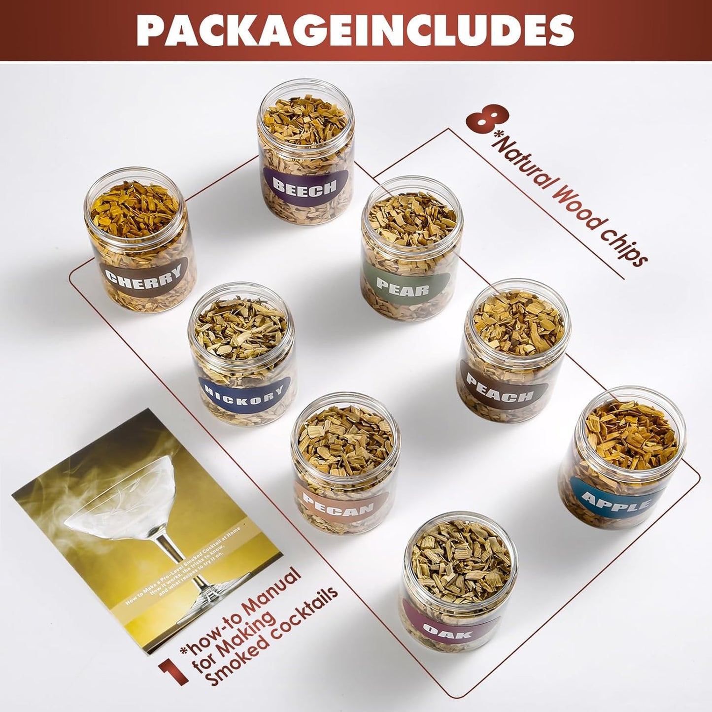 Natural Wood Chips for Smoker, (8 Gift Pack - Apple, Cherry, Oak, Pecan, Pear, Peach, Walnut, Beech) 8 OZ Each| Smoker Woodchips for Smoking Gun and BBQ, Great for Beef Pork Chicken Fish and Whisky