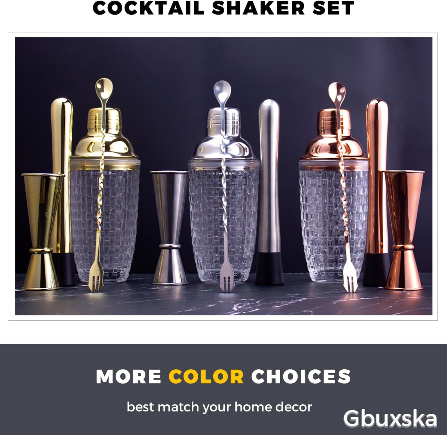 Gold Cocktail Shaker Set - Glass Cocktail Shaker with Strainer - Martini Shaker Set -Matching Cocktail Jigger & Bar Spoon with Muddler – Bartender Kit for Home Bar