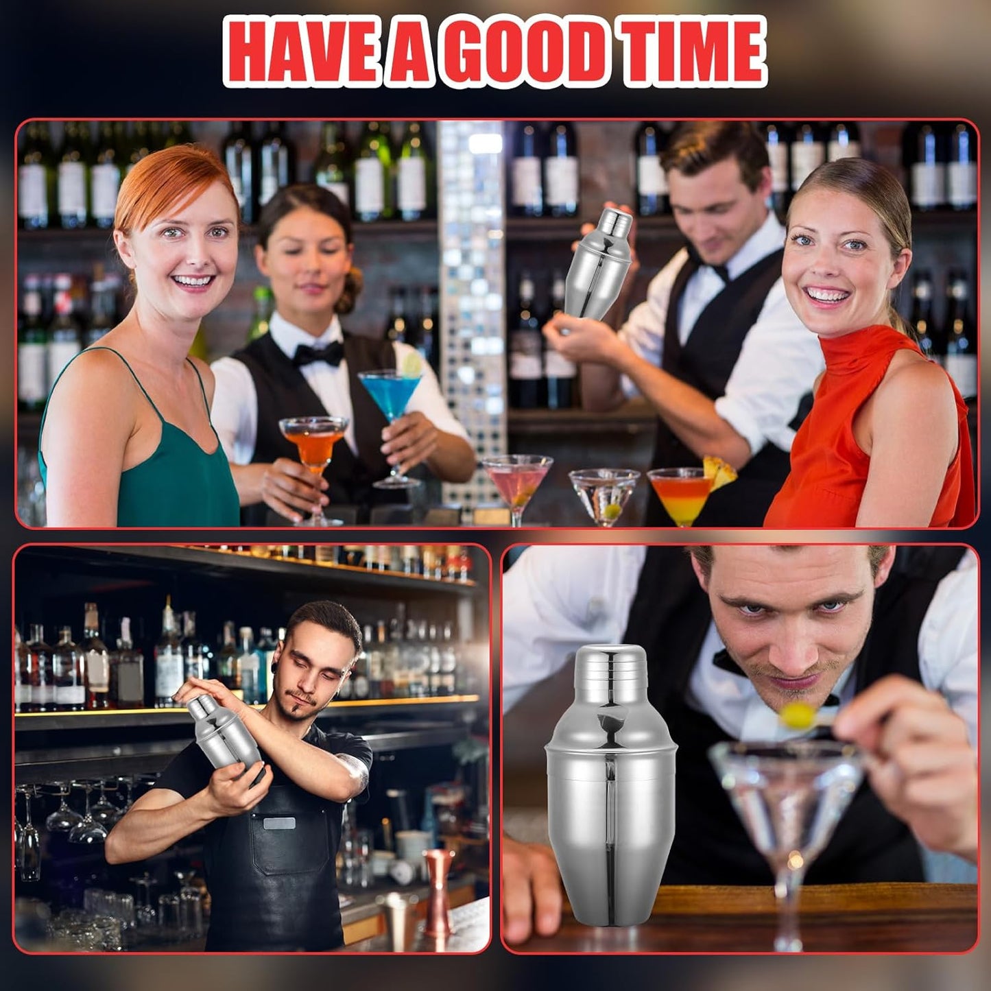 Nitial 6 Pcs Bar Cocktail Shaker Professional Stainless Steel Martini Drink Mixer with Built-in Strainer for Bartending No Leaks Boston Shaker for Bar Party Drink Mixing Tool(8 oz,Silver)