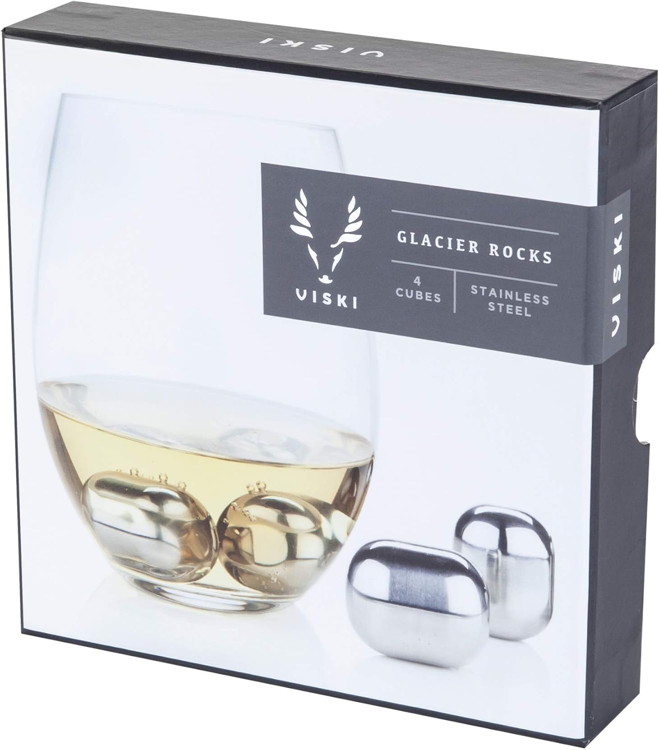 Viski 4358 Glacier Rocks Stainless Steel Ice Cubes Reusable Ice Cubes for Drinks, Whiskey, Bourbon, Scotch, Metal Ice Cubes, Cocktail Accessories Set of 4 Silver