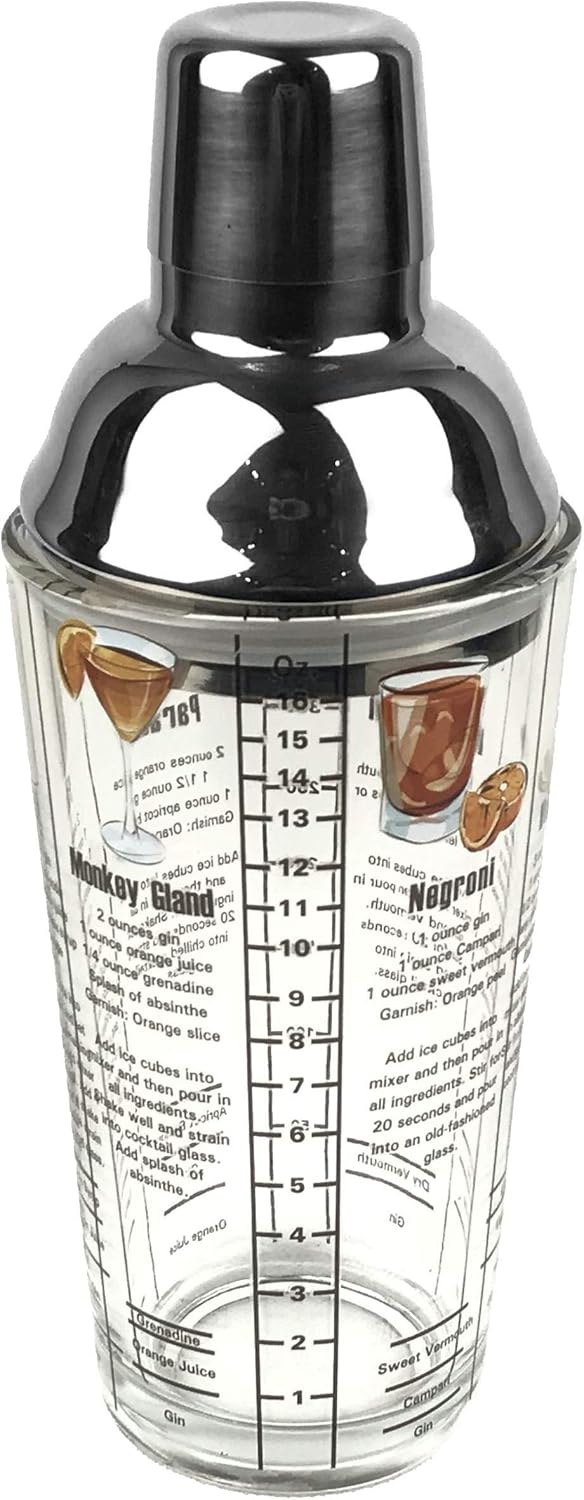 14 oz Recipe Glass Cocktail Shaker With Strainer Top - Includes 6 Cocktail Drink Recipes (Gin Theme)