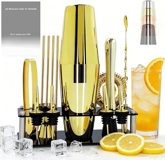 Professional Cocktail Shaker Set with Stand Cocktail Recipes, 15-Piece 750/600ml Bartender Kit, Bar Sets Bartending Kit Bar Tool Set 25/20oz Boston Shakers, Jigger, Muddler (Rose Gold) - B0F37W3S78