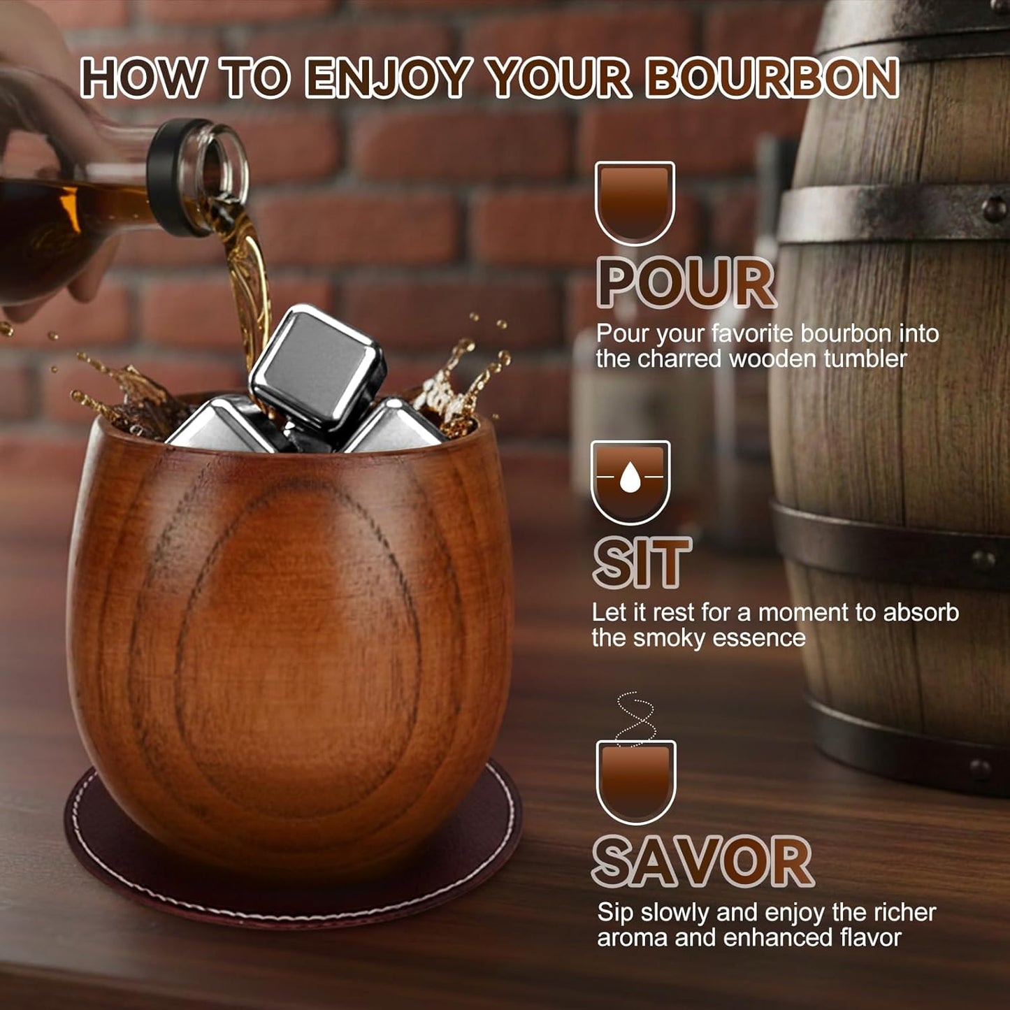 Charred Wooden Bourbon Drinking Glass Wooden Whiskey Glasses Set of 2 17-Piece Complete Whiskey Gift Set Old Fashioned Glass Bourbon Gifts for Men (Silver Accents)