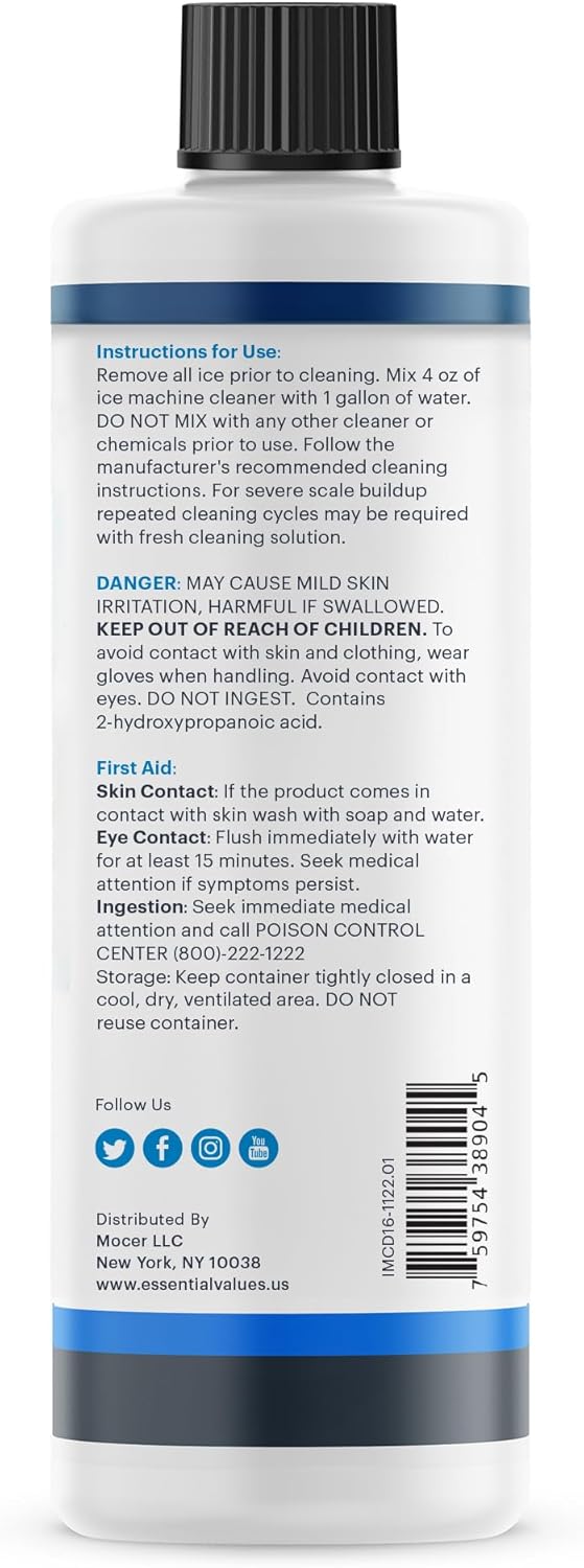 Essential Values 2-Pack Ice Machine Cleaner and Descaler 16 fl oz, Nickel Safe Descaler - Ice Maker Cleaner Compatible with All Major Brands (Scotsman, KitchenAid) - Manufactured in USA