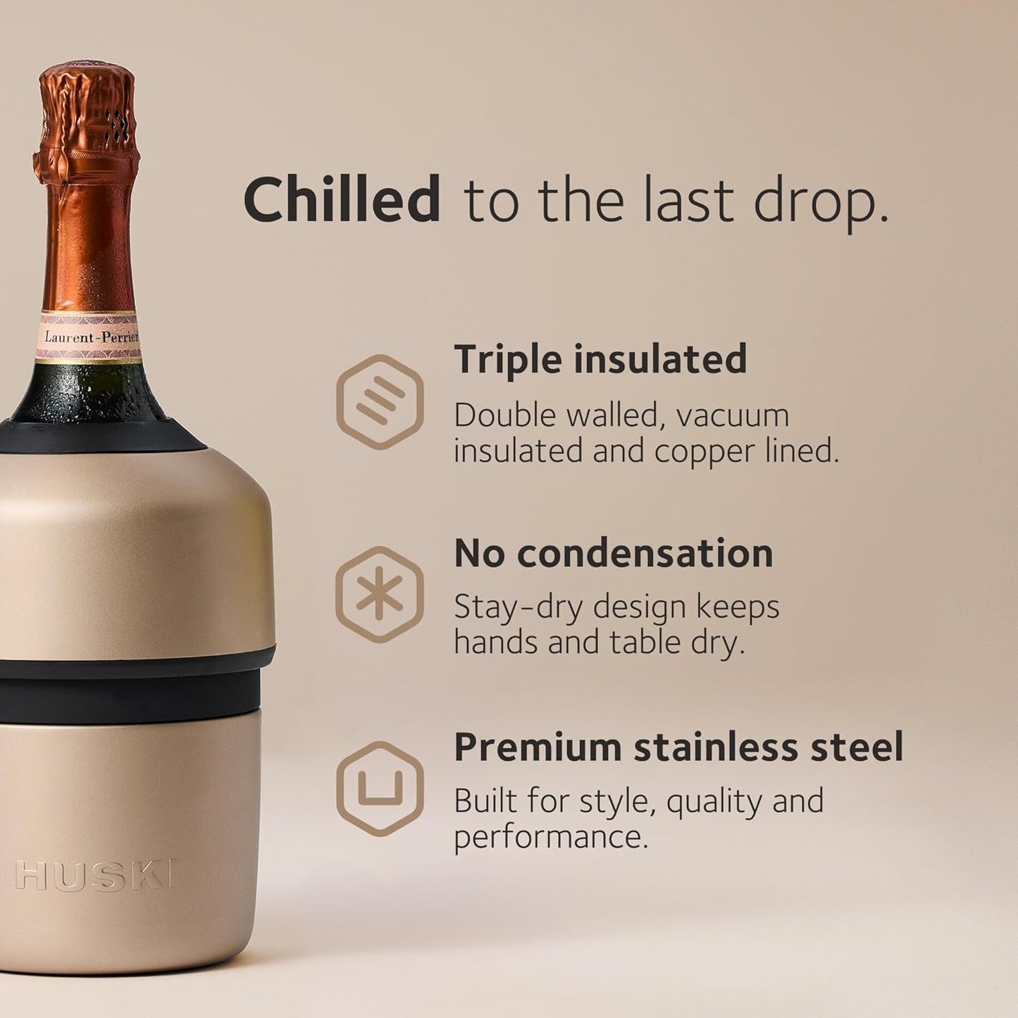 Huski Champagne Chiller | NEW | Award-Winning Iceless Design with Detachable Bottle Stopper | Keeps Wine Cold up to 6 Hours | Fits most 750ml Champagne, Prosecco & Sparkling Wine Bottles (White)
