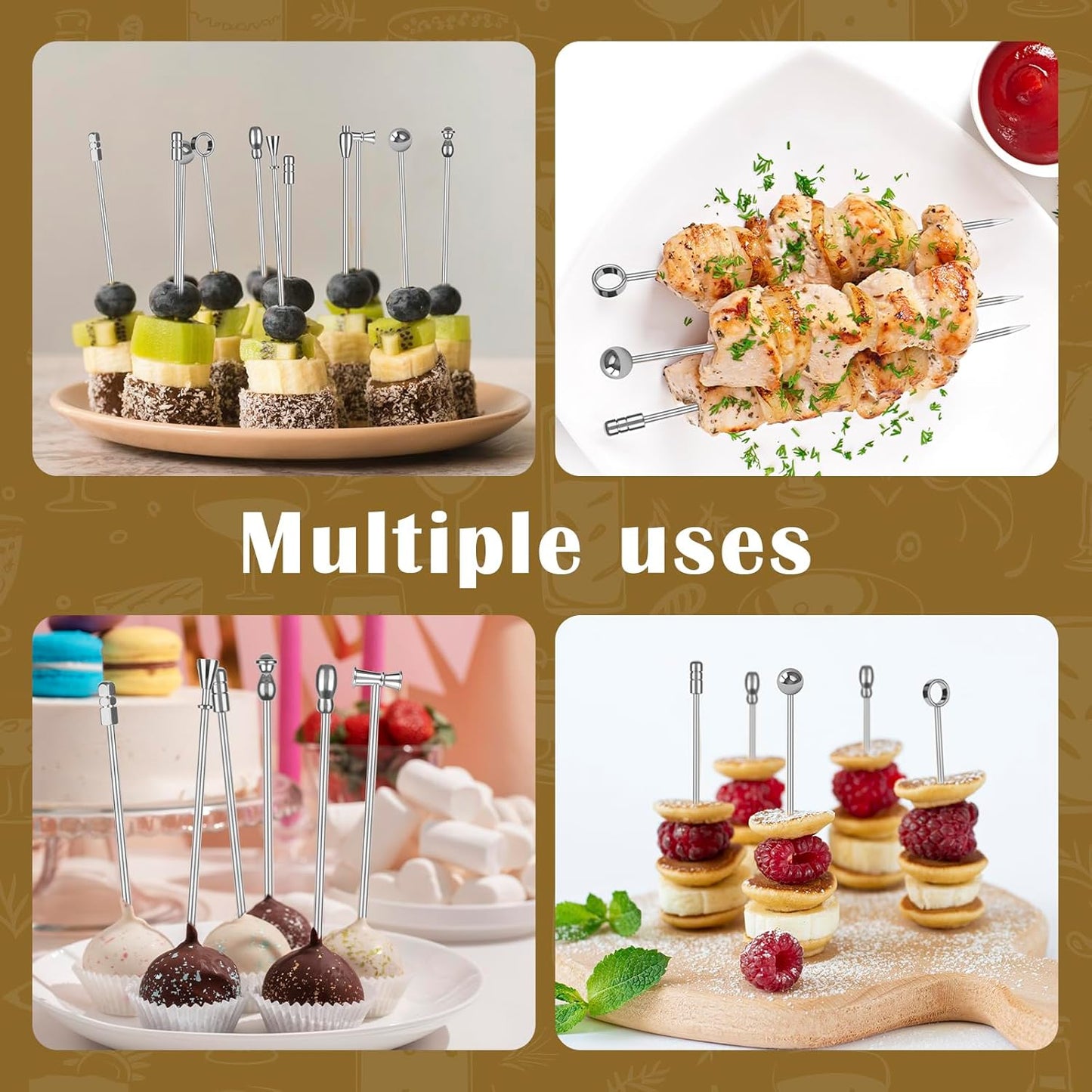 Metal Martini Cocktail Picks, Olive Skewers 4.2 inch, Stainless Steel Drinks Garnish Sticks, Reusable Toothpicks for Appetizers, Gift for Mother, Home Bar Accessories for Bartender - 9 Pcs