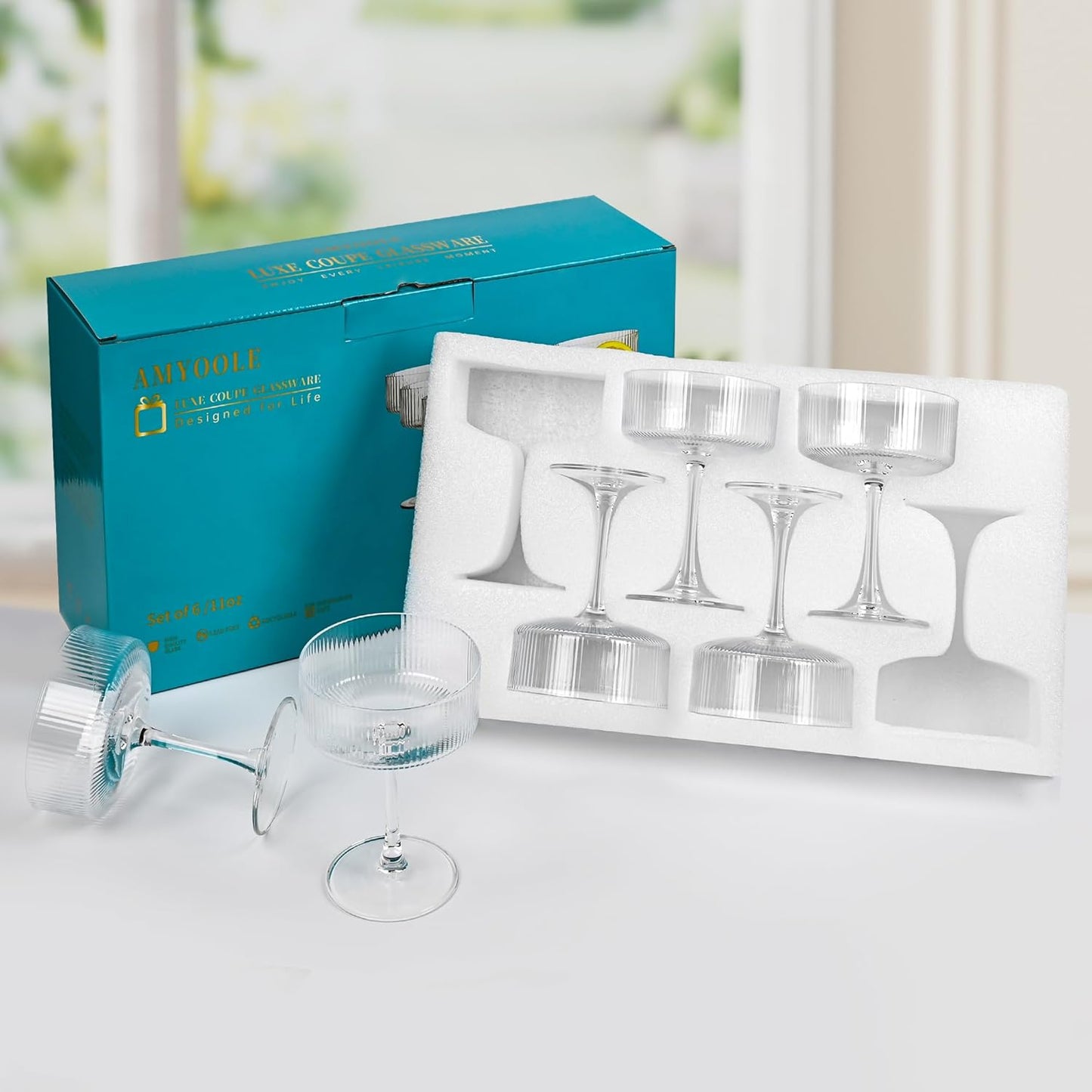 Amyoole Vintage Ribbed Coupe Glasses Set of 6-11oz Clear 100% Crystal Martini Glasses Elegant Cocktail Glasses, Transparent Glassware for Champagne, Margaritas, Espresso with a Rose Ice Mold