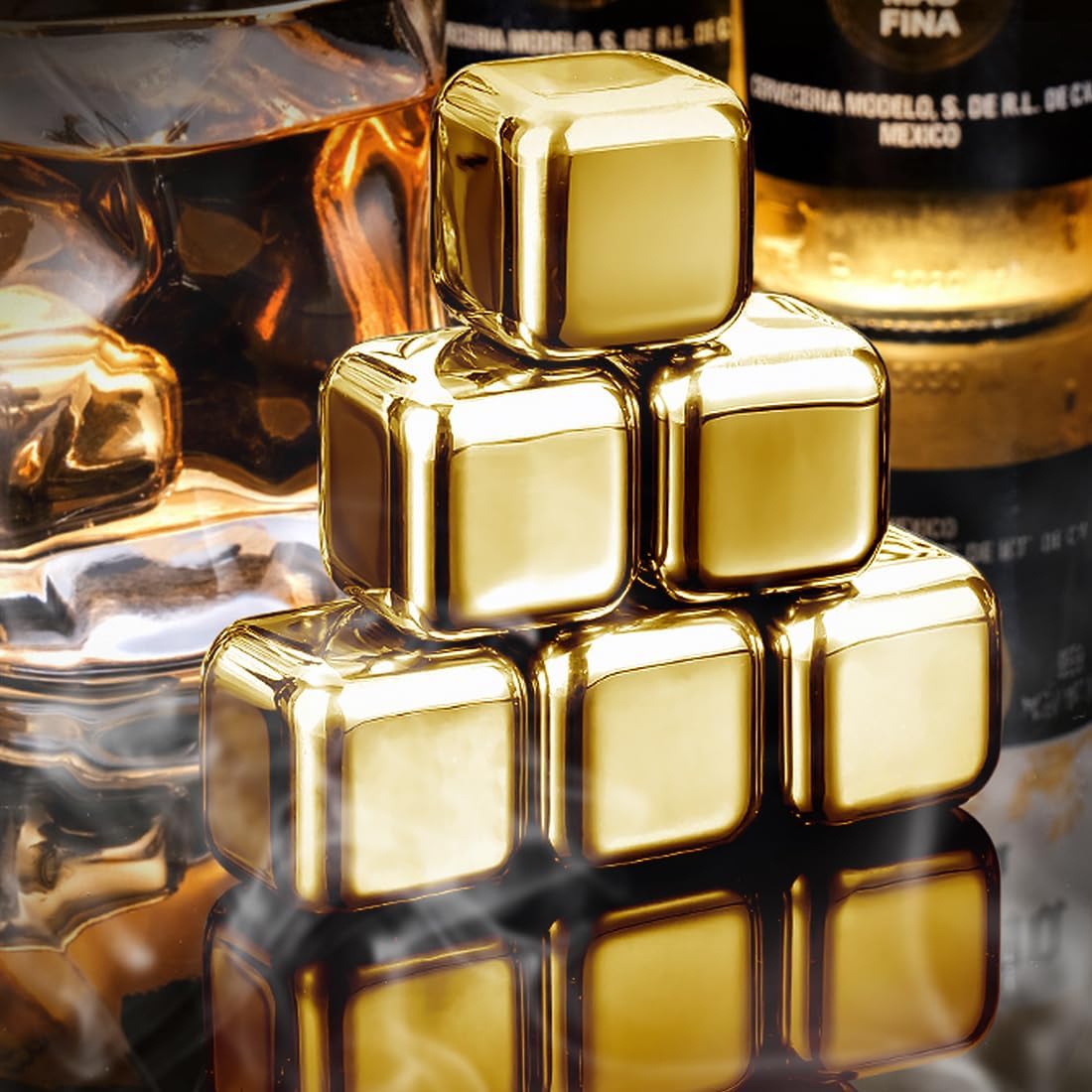 KEISSCO Stainless Steel Chilling Cubes Reusable Ice Cube Whiskey Stones for Drinks Beverage Jumbo Chilling Stones Set with Ice Tongs and Freezer Storage Tray for Whiskey, Gold Color Edition (8 Pack)