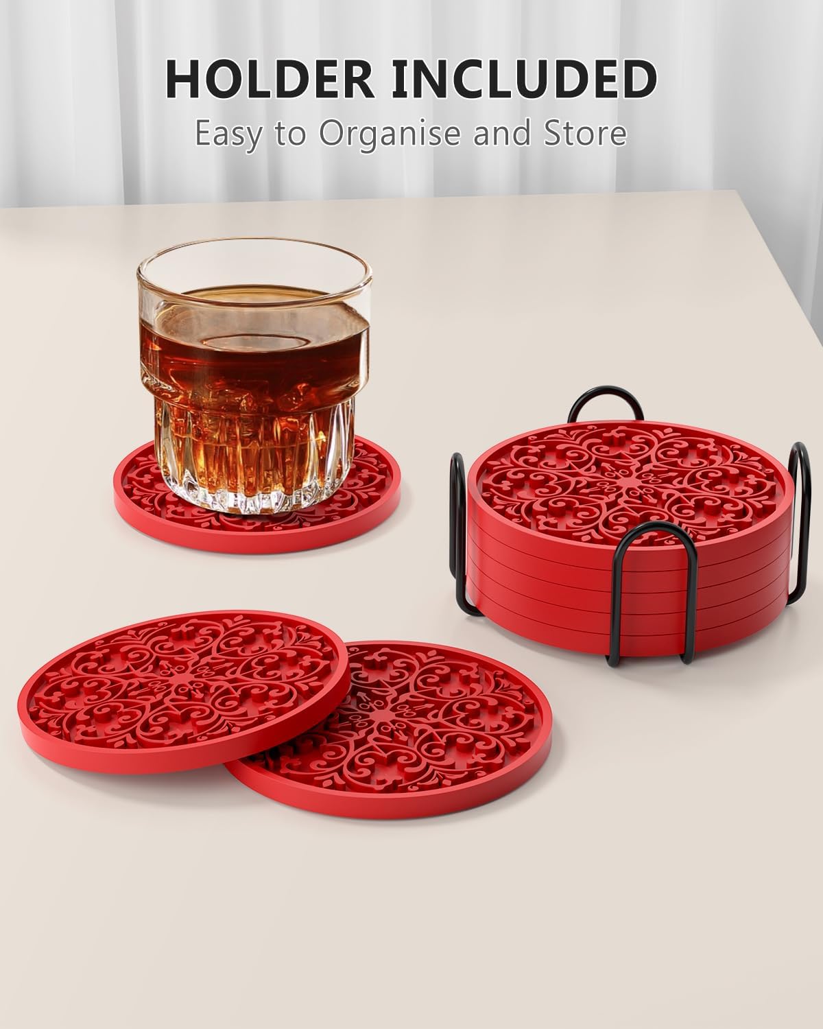Drink Coasters, Coasters Set of 6 for Cup with Holder, Non-Slip Silicone Cup Mats for Hot and Cold Drinks, Cute Absorbent Coffee Bar Accessories Table Decor, Red