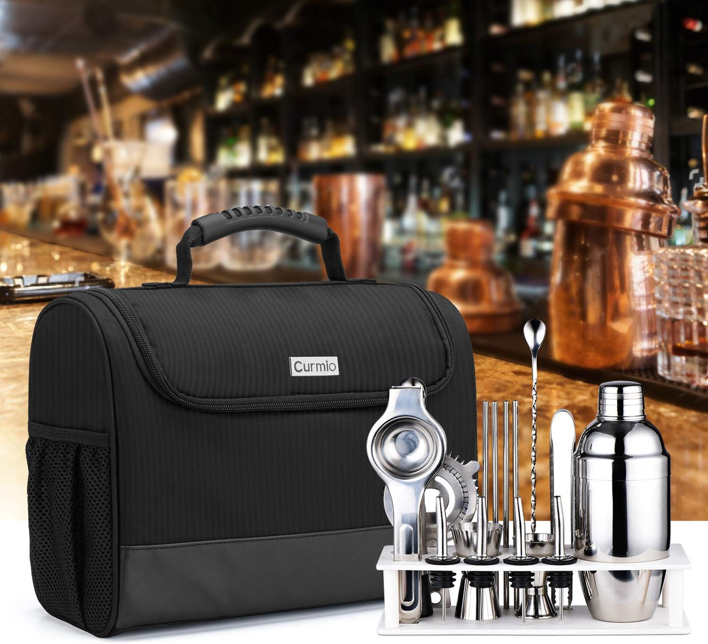 CURMIO Bartender Kit Bag, Portable Travel Carrying Bag with Rubber Handle for Bar Tools Set, For Home Indoor Outdoor Patio Party, Black (Bag ONLY, Patent Pending)