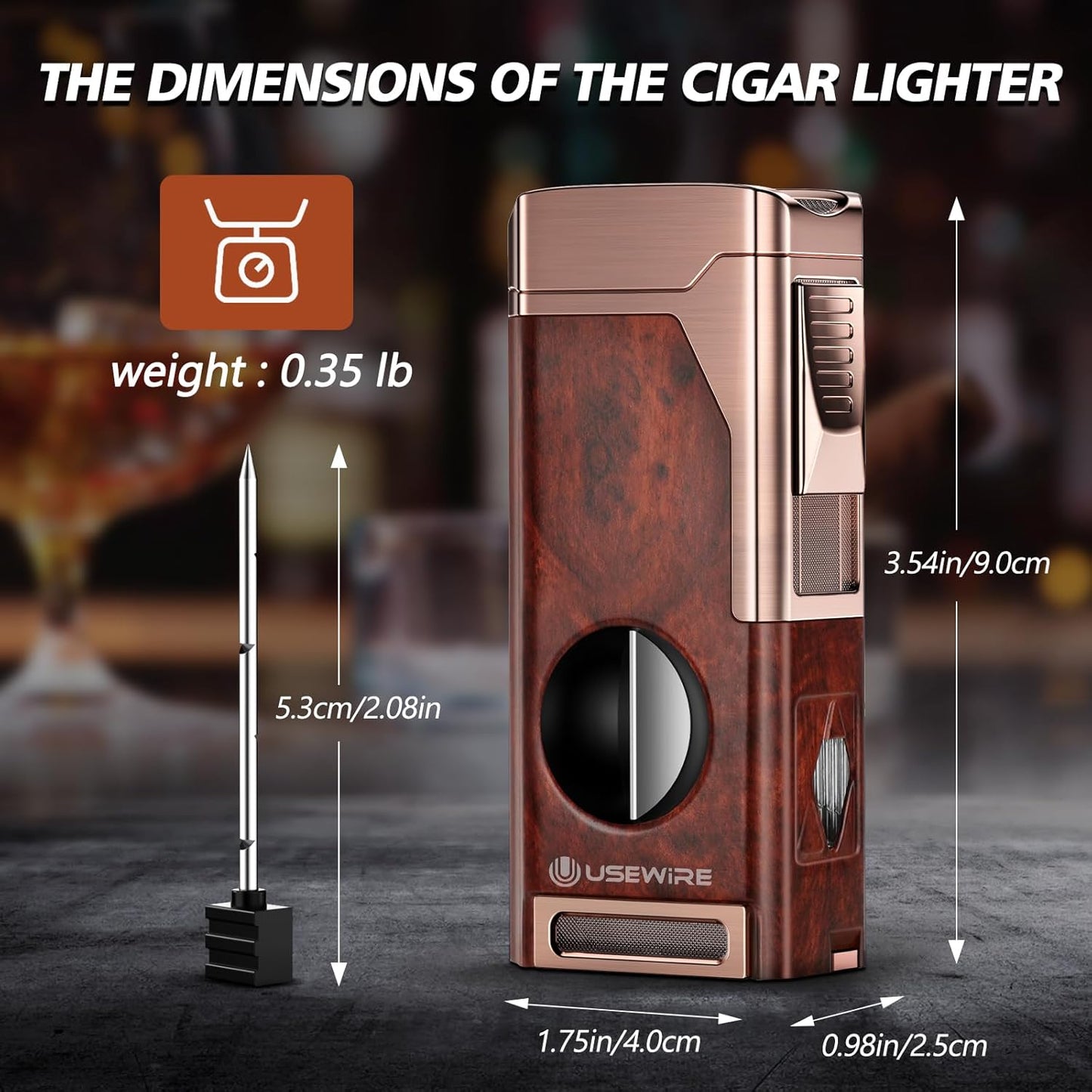 Cigar Lighter, Multifunctional Lighter with V-Cigar Cutter, Cigar Holder, Cigar Punch and Cigar Draw Enhancer, Fillable Butane Torch Lighter, Multi-Purpose Cigar Accessory, Cigar Gifts