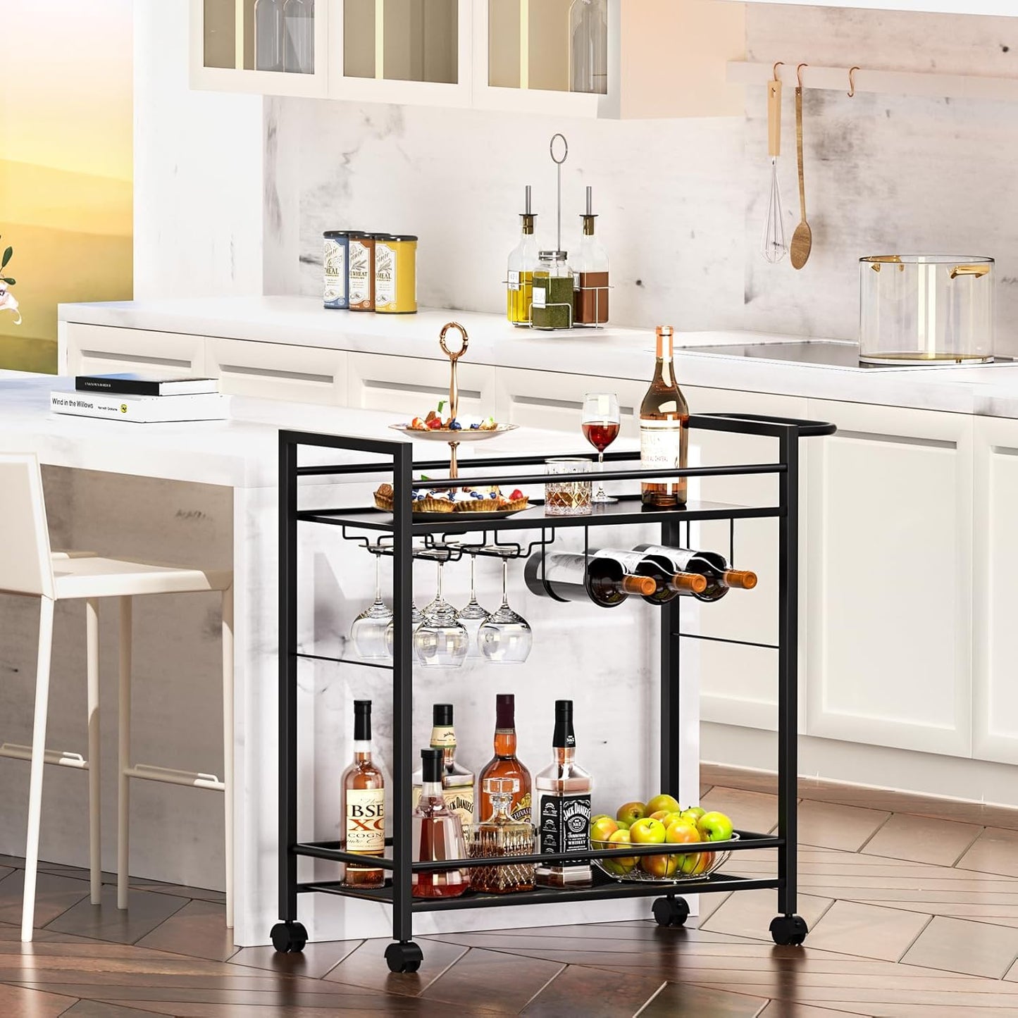 Joaxswe Bar Cart,Home Bar Serving Cart with Storage Shelves, 2 Tier Rolling Beverage Cart with Wheels, Modern Wine Cart with Wine Rack and Glass Holder for Kitchen, Living Room,Dinning Room,Black
