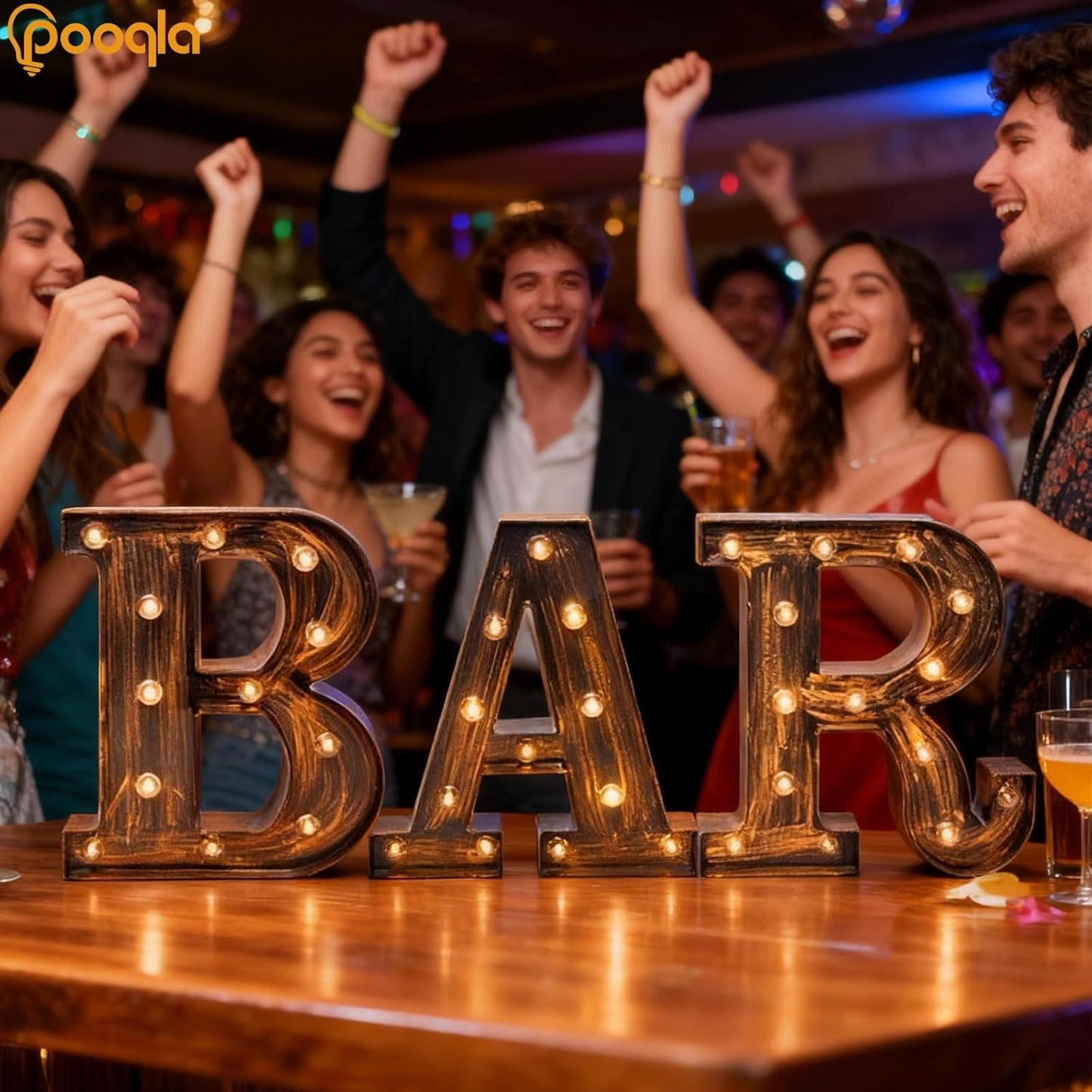 Pooqla BAR - Illuminated Marquee Bar Sign for home decor - Light up LED Marquee Word Sign - Pre-Lit Pub Light Battery Operated (23.03-in x 8.66-in) (Vintage)