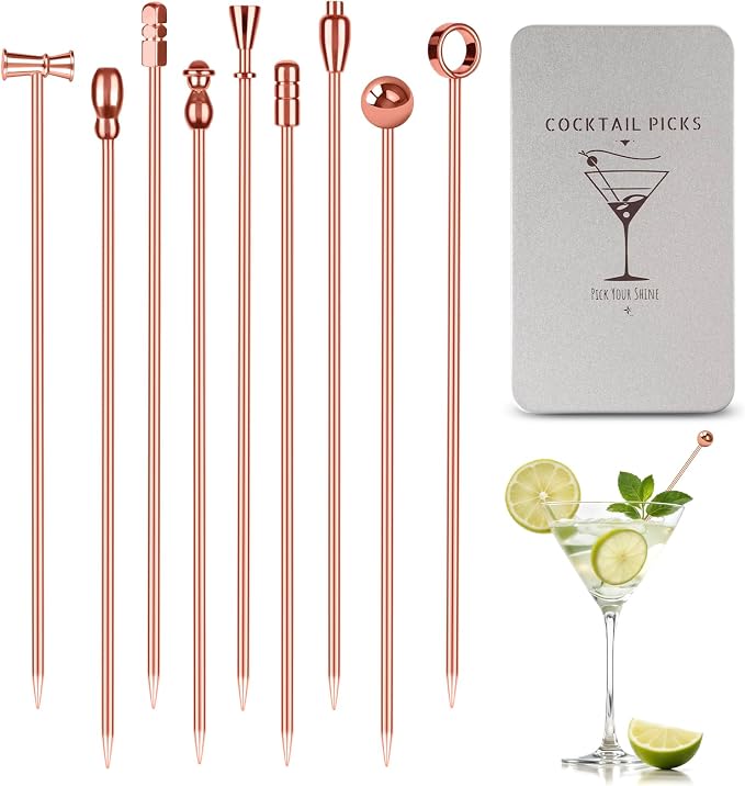 Metal Martini Cocktail Picks 9 Pcs, 4.1 in Olive Skewers Stainless Steel, Martini Garnish Sticks Reusable, Metal Toothpicks for Drinks, Appetizers, Bar Accessories Gift for Bartenders - Sliver - B0G9DNJS5Z