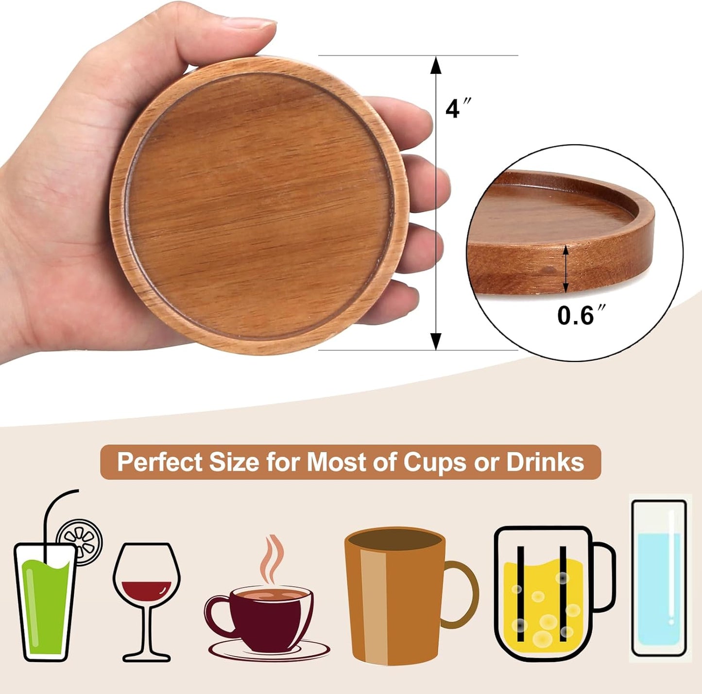 Rustic Wooden Coasters Set of 8 Farmhouse Coffee Table Decor Acacia Wood Drink Coaster with Holder Modern Outdoor Bar Cool Cup Costers Kitchen Accessories Decoration Home Dining Coasters Gift