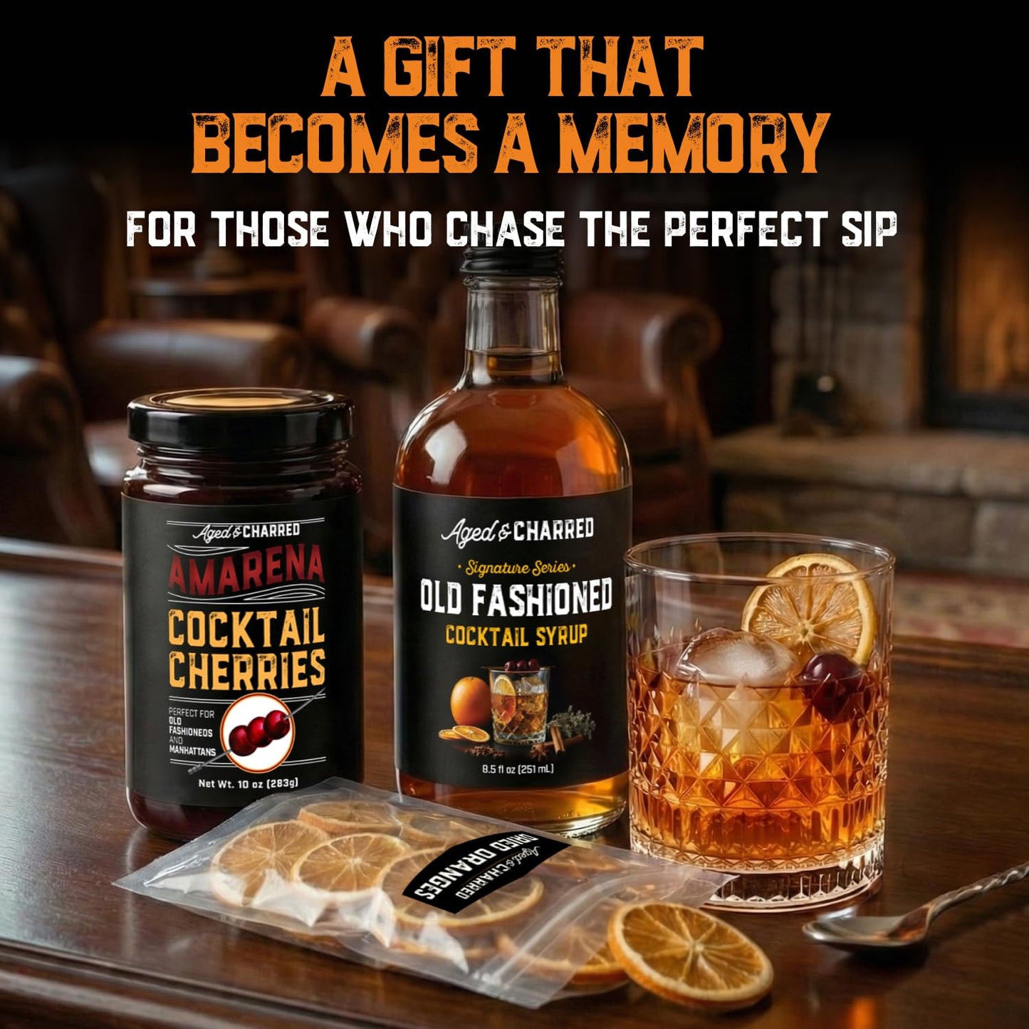 Old Fashioned Bundle Kit Mix - Amarena Cherries, Dried Orange Slices and Old Fashioned Syrup - Gifts for Men Dads