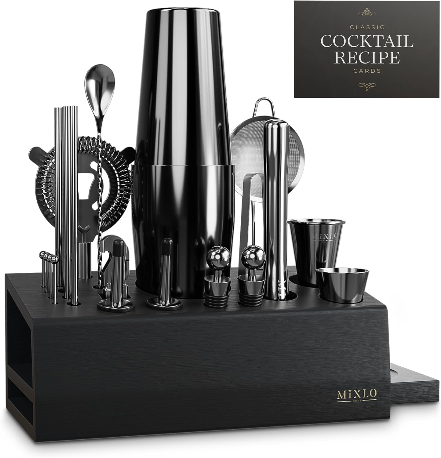 Mixology Bartender Kit - 22Pcs Bar Set Cocktail Shaker Set w Black Bar Cart Accessories Stand - Shakers Bartending Gun Metal Black Tools, 24oz Shaker, 17 Recipe Cards, Martini Barware