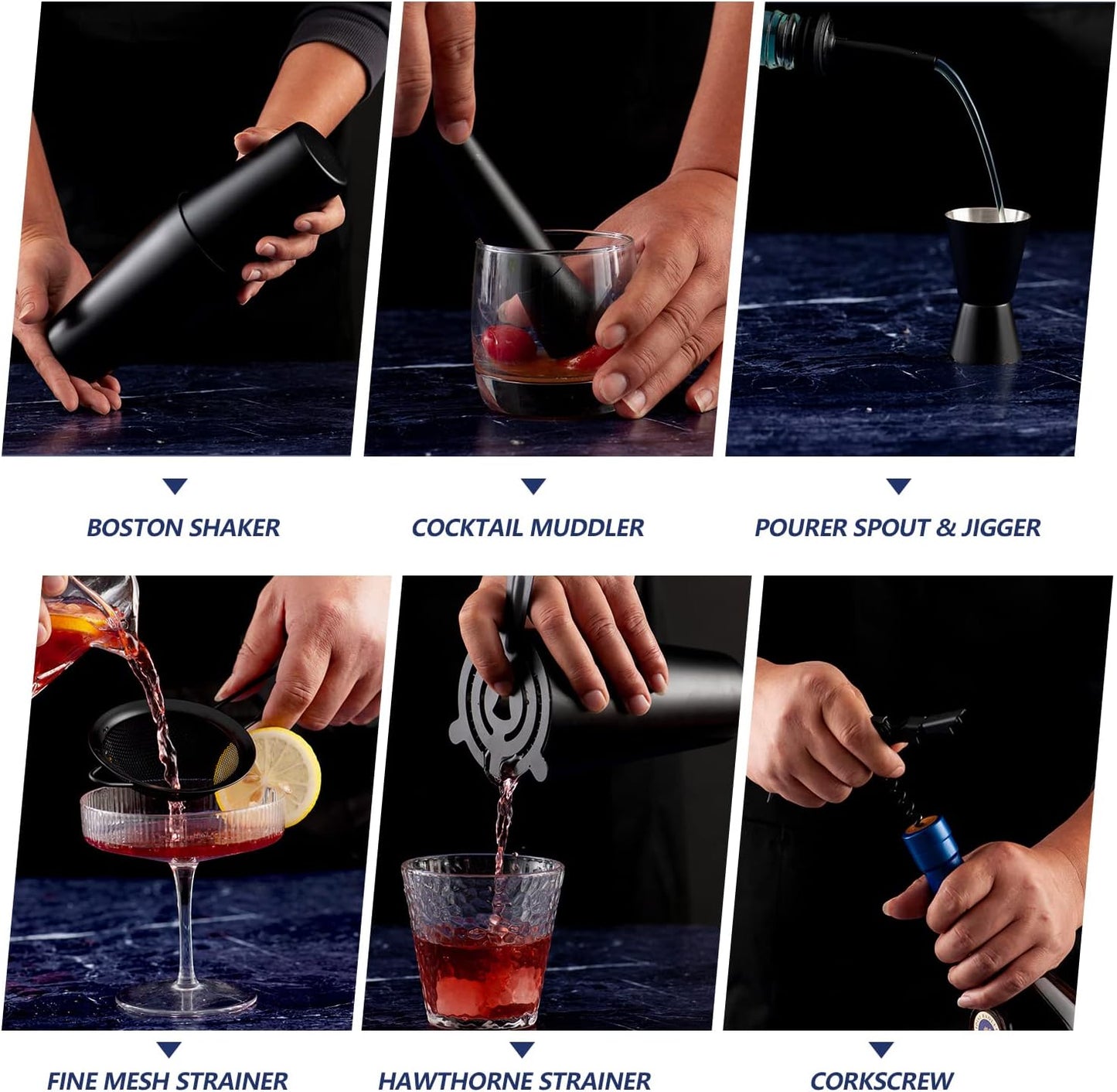 JNWINOG 11Pcs-Cocktail Shaker Set Stainless Steel Bartending Kit 25oz Boston Shaker Bar Set Cocktail Mix Drink Making Kit Professional Bar and Home Drink Bar Tools for Bartender(Matte Black)