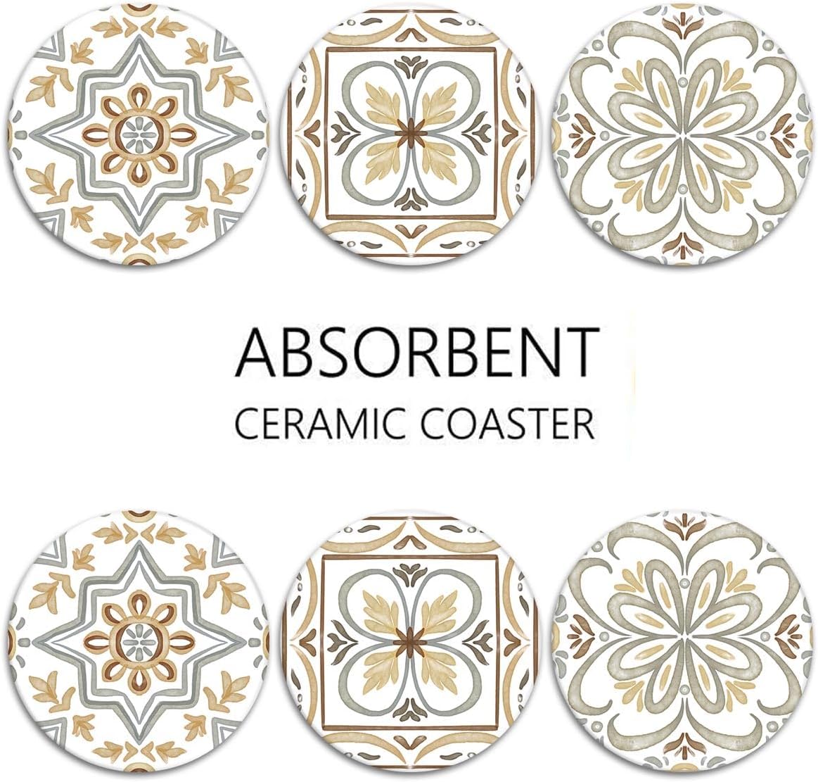 Coaster for Drinks Set of 6, Ceramic Gray Moroccan Talavera Absorbent Round Ceramic Stone Mat, with Cork Base and Metal Holder, Gift for Housewarming Room Bar Decor