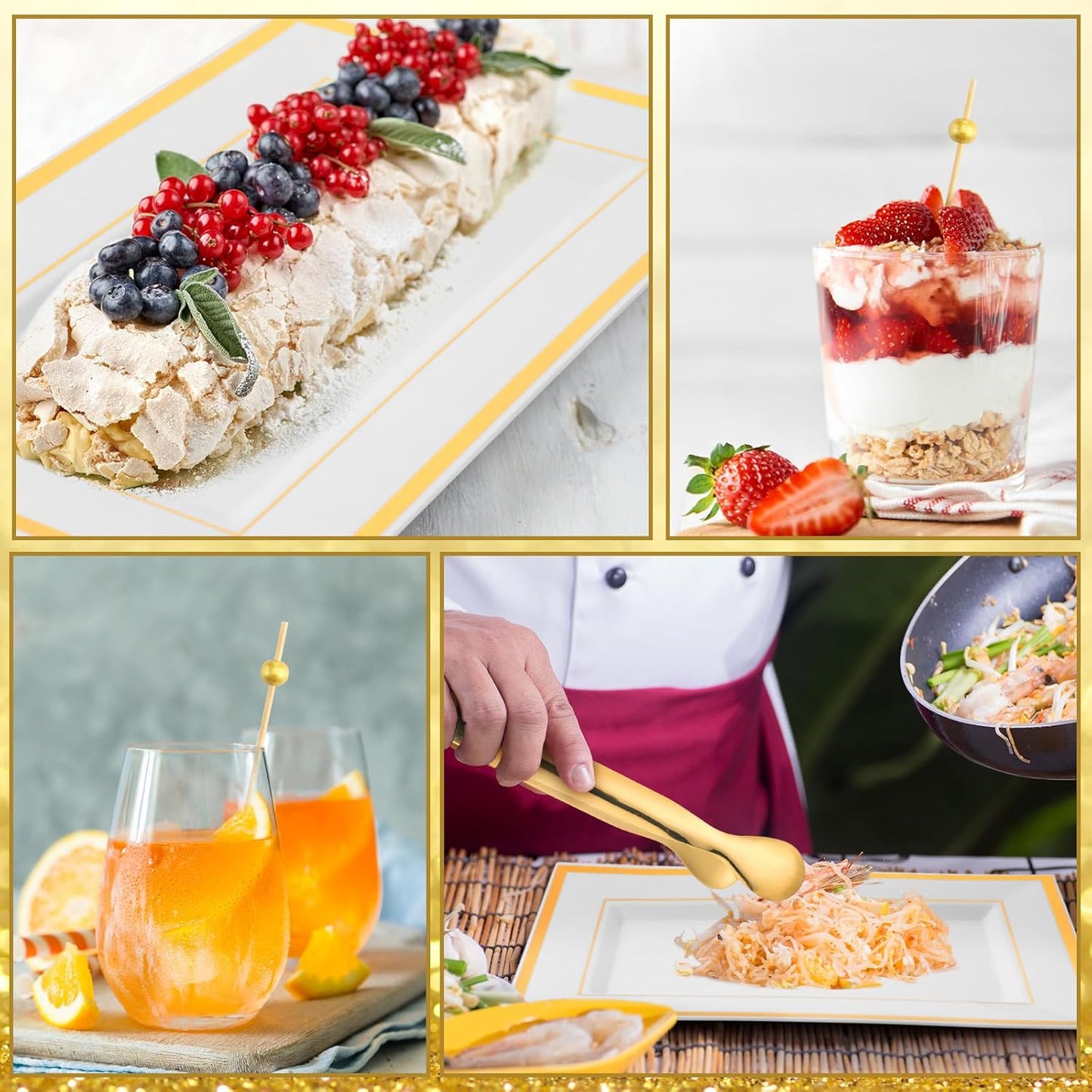 FillTouch 112 Pcs Summer Gold Dinnerware Set Include 6 Disposable Rectangle Serving Trays with Gold Rim 6 Small Sugar Tongs 100 Pearl Bamboo Cocktail Toothpicks for Wedding Party Table Appetizer
